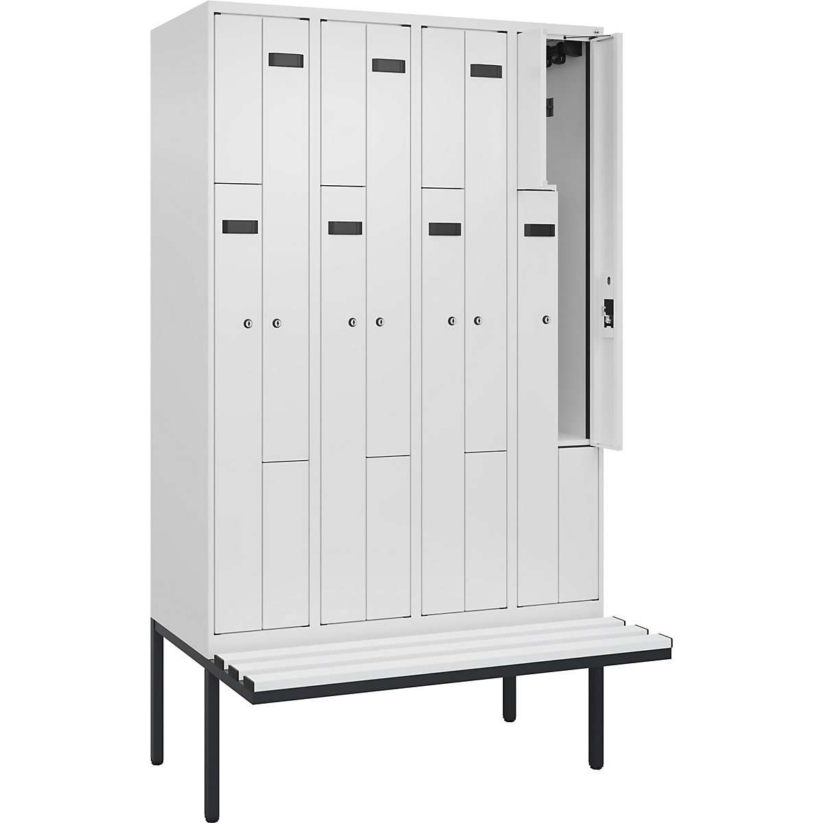 Cacifo em Z Evolo PLUS com banco, 4 compartimentos, branco, L 1200 mm, fechadura de cilindro, com banco saliente, plástico-0