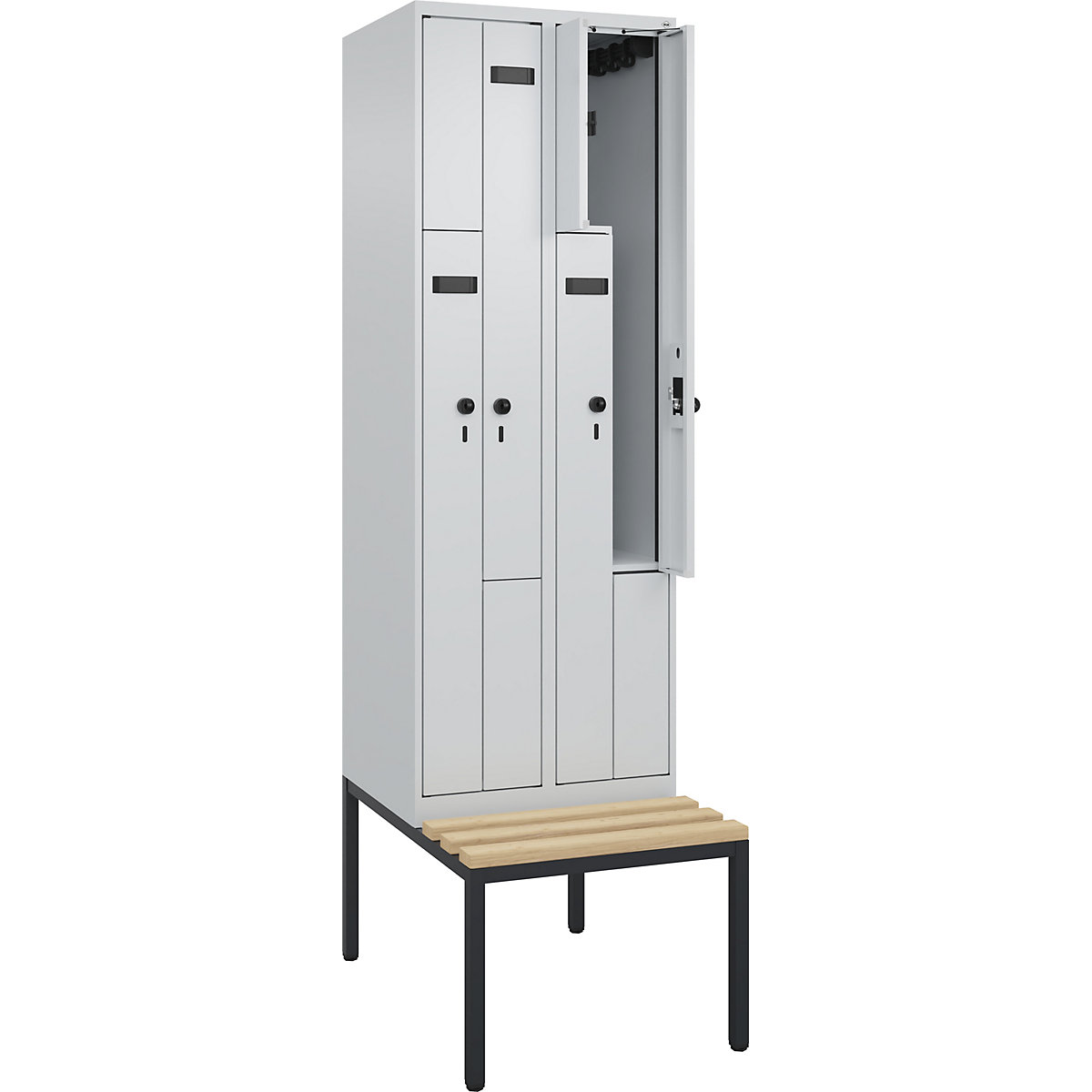 Cacifo em Z Evolo PLUS com banco, 2 compartimentos, cinzento claro/cinzento claro, L 600 mm, trinco de segurança rotativo, com banco incorporado, faia-0
