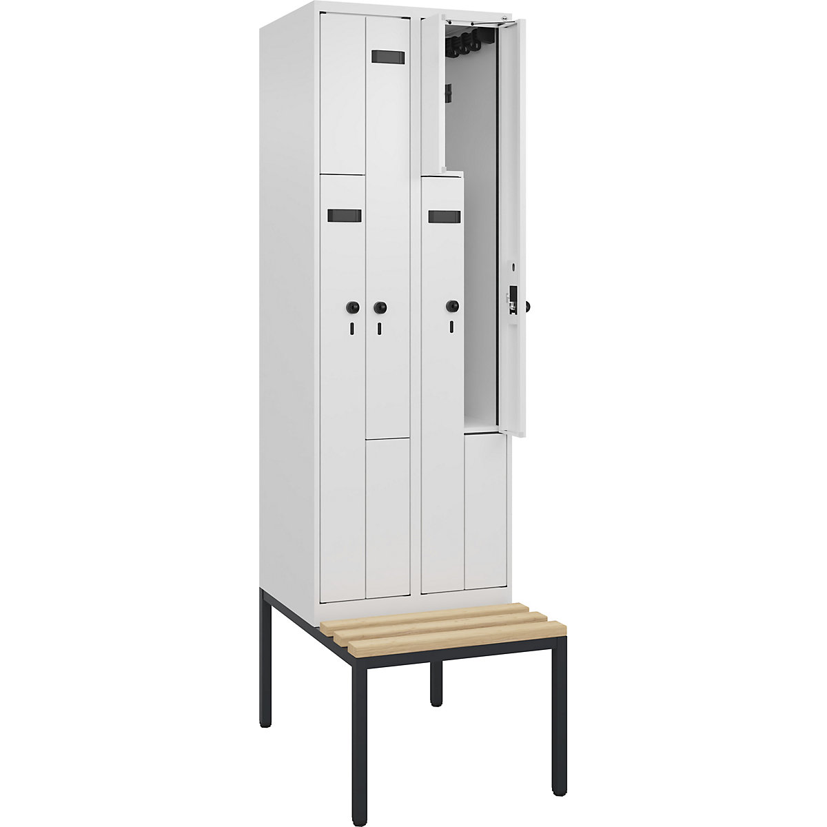 Cacifo em Z Evolo PLUS com banco, 2 compartimentos, branco, L 600 mm, trinco de segurança rotativo, com banco incorporado, faia-0