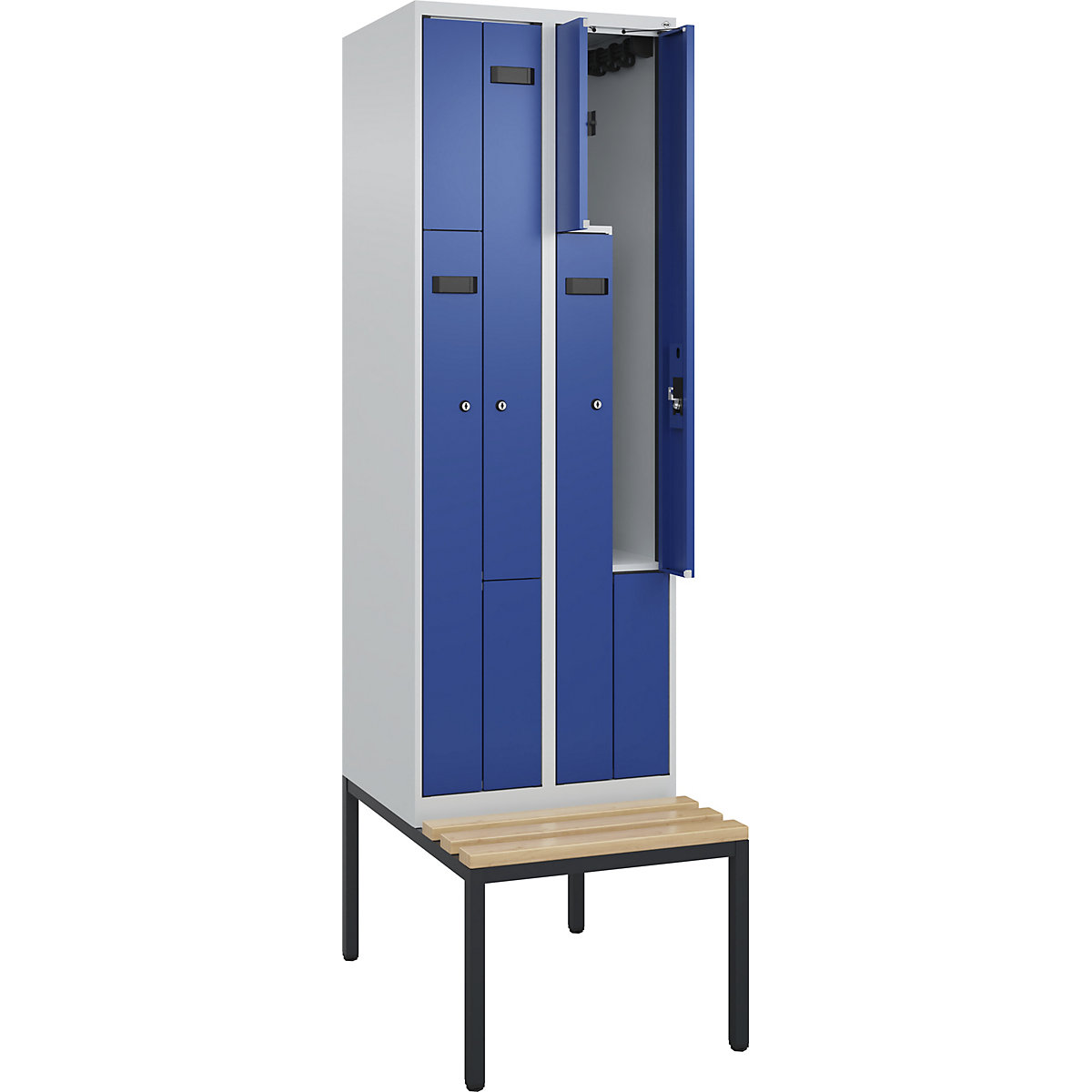 Cacifo em Z Evolo PLUS com banco, 2 compartimentos, cinzento claro/azul genciana, L 600 mm, fechadura de cilindro, com banco incorporado, faia-0