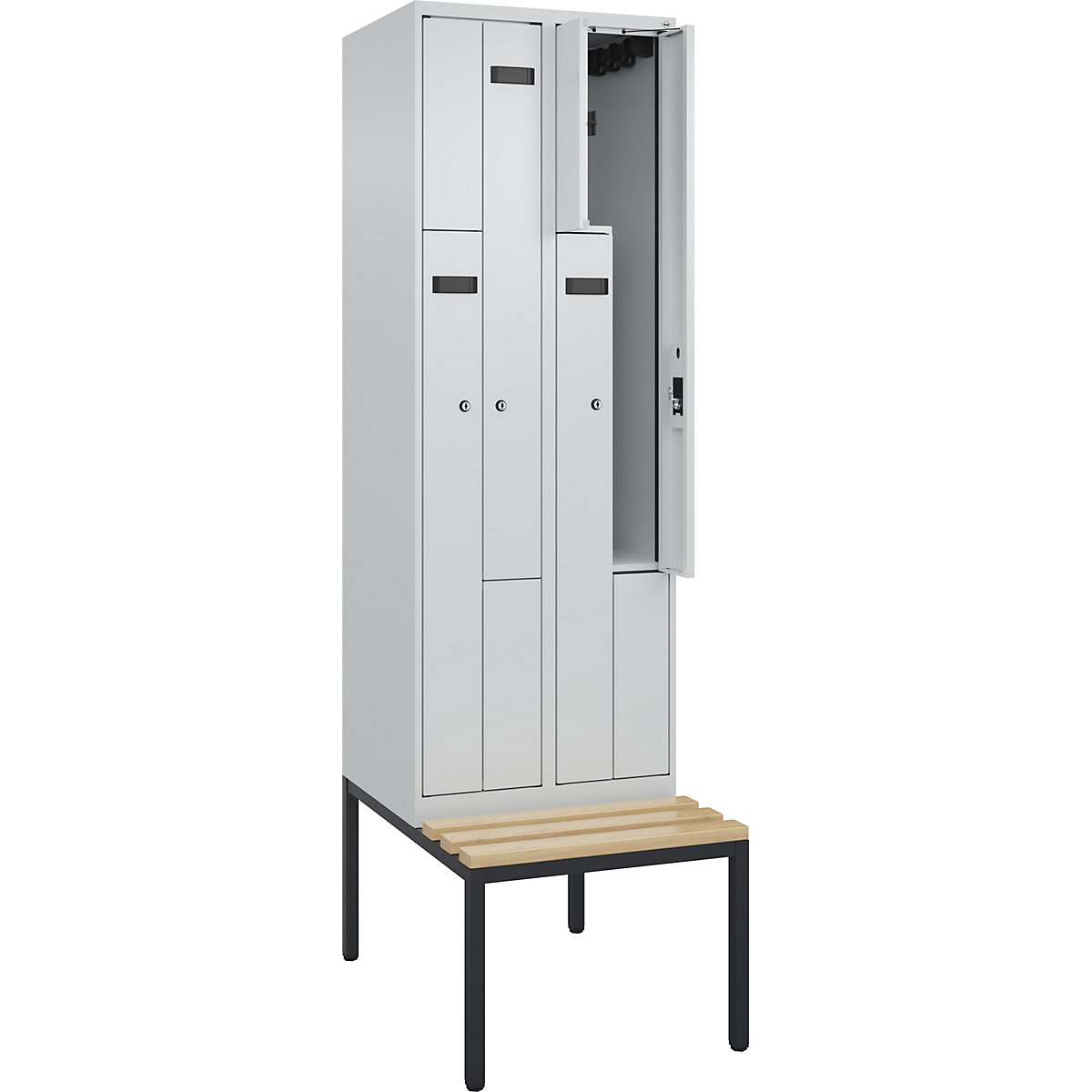 Cacifo em Z Evolo PLUS com banco, 2 compartimentos, cinzento claro/cinzento claro, L 600 mm, fechadura de cilindro, com banco incorporado, faia-0
