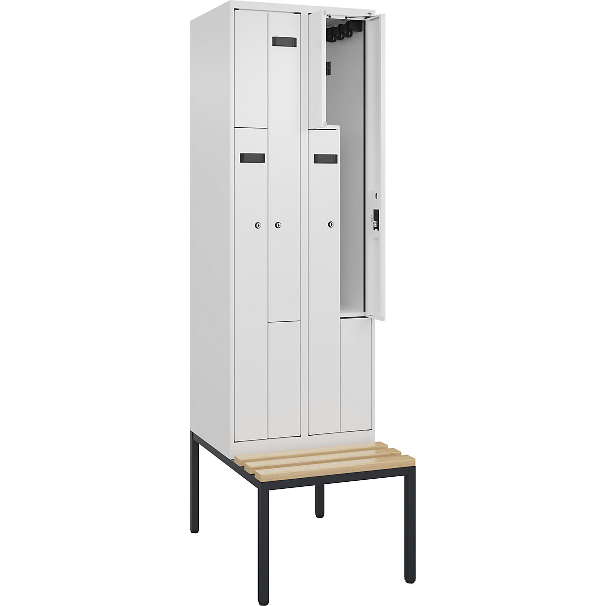 Cacifo em Z Evolo PLUS com banco, 2 compartimentos, branco, L 600 mm, fechadura de cilindro, com banco incorporado, faia-0