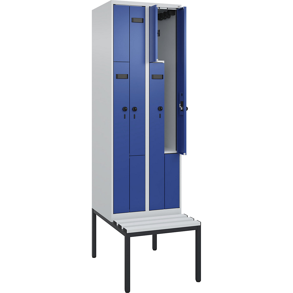 Cacifo em Z Evolo PLUS com banco, 2 compartimentos, cinzento claro/azul genciana, L 600 mm, trinco de segurança rotativo, com banco incorporado, plástico-0