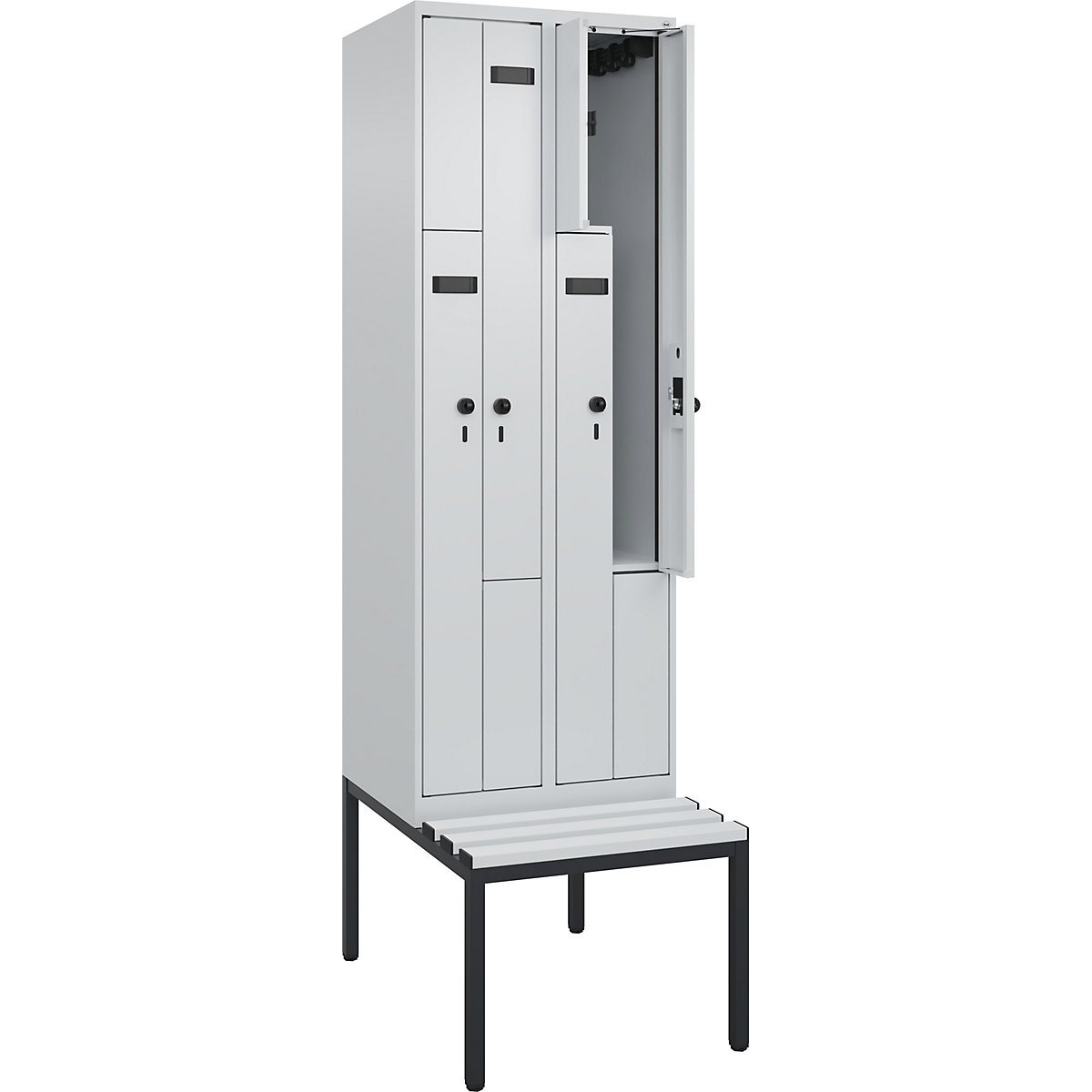 Cacifo em Z Evolo PLUS com banco, 2 compartimentos, cinzento claro/cinzento claro, L 600 mm, trinco de segurança rotativo, com banco incorporado, plástico-0