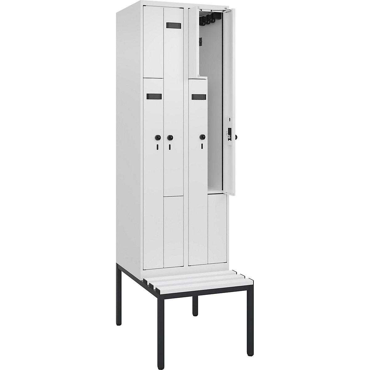 Cacifo em Z Evolo PLUS com banco, 2 compartimentos, branco, L 600 mm, trinco de segurança rotativo, com banco incorporado, plástico-0