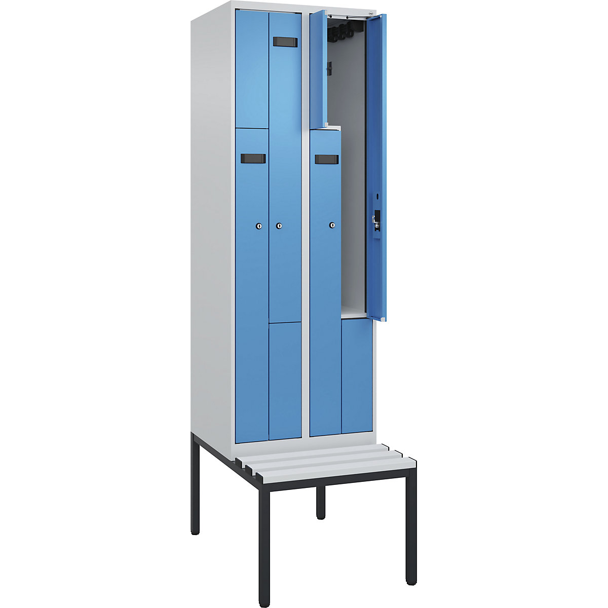 Cacifo em Z Evolo PLUS com banco, 2 compartimentos, cinzento claro/azul claro, L 600 mm, fechadura de cilindro, com banco incorporado, plástico-0