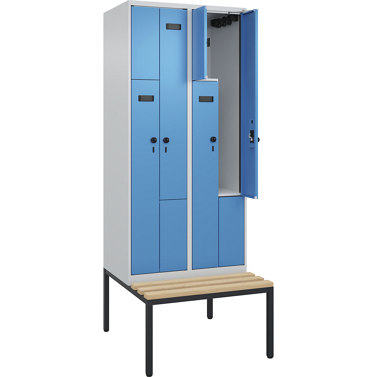 Cacifo em Z Evolo PLUS com banco, 2 compartimentos, cinzento claro/azul claro, L 800 mm, trinco de segurança rotativo, com banco incorporado, faia-0