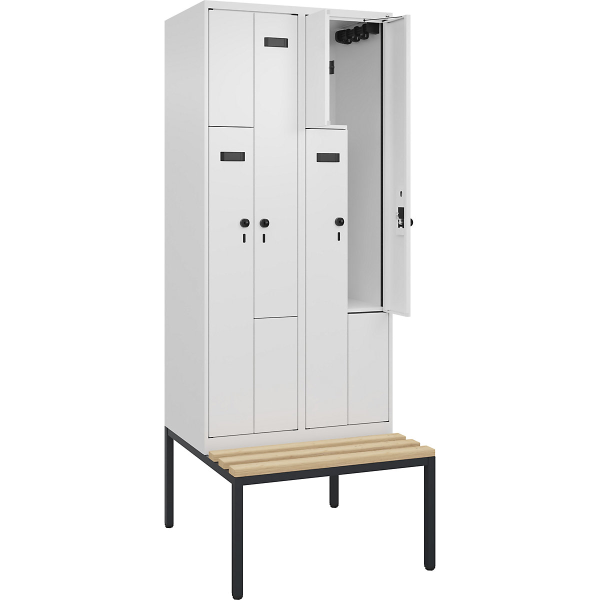 Cacifo em Z Evolo PLUS com banco, 2 compartimentos, branco, L 800 mm, trinco de segurança rotativo, com banco incorporado, faia-0