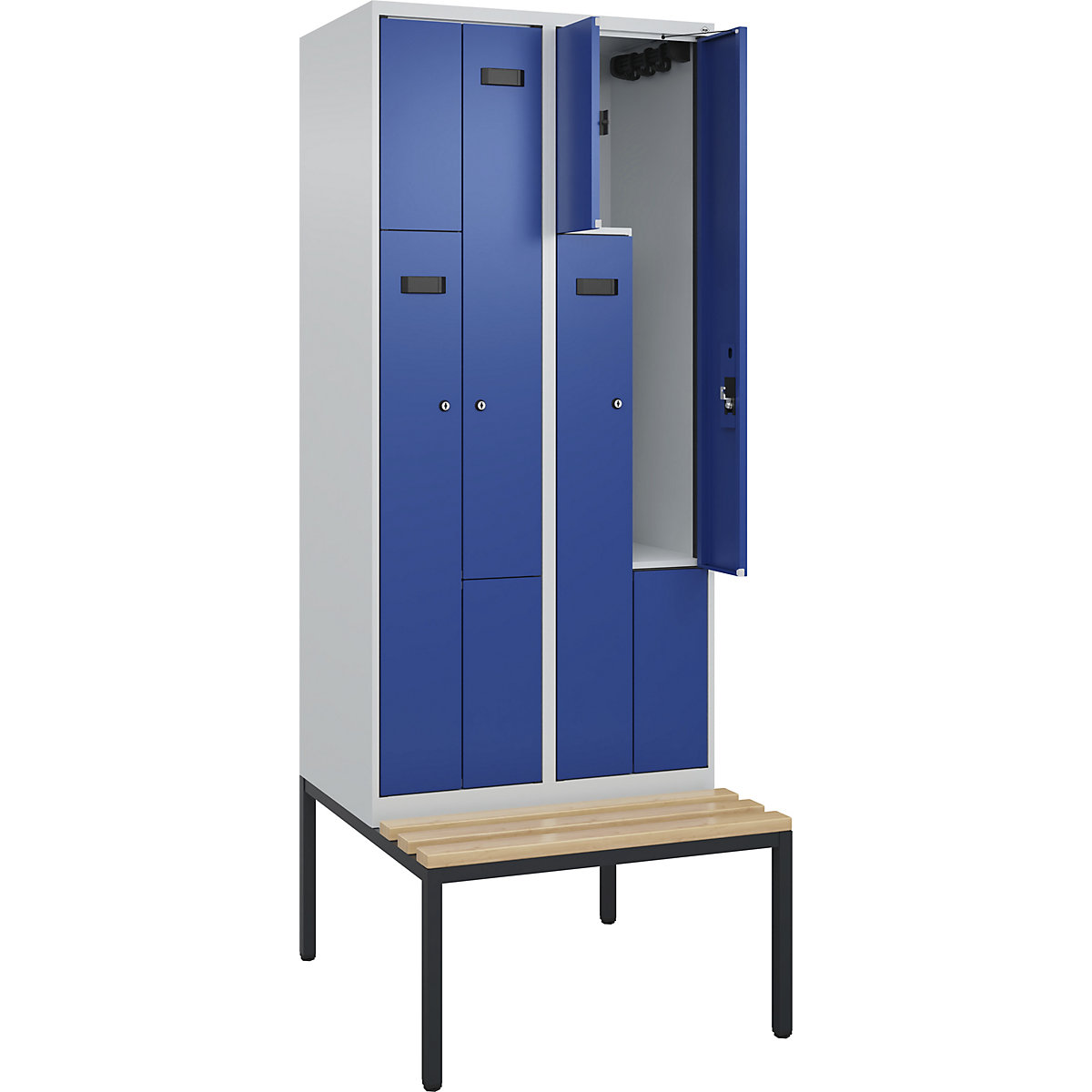Cacifo em Z Evolo PLUS com banco, 2 compartimentos, cinzento claro/azul genciana, L 800 mm, fechadura de cilindro, com banco incorporado, faia-0