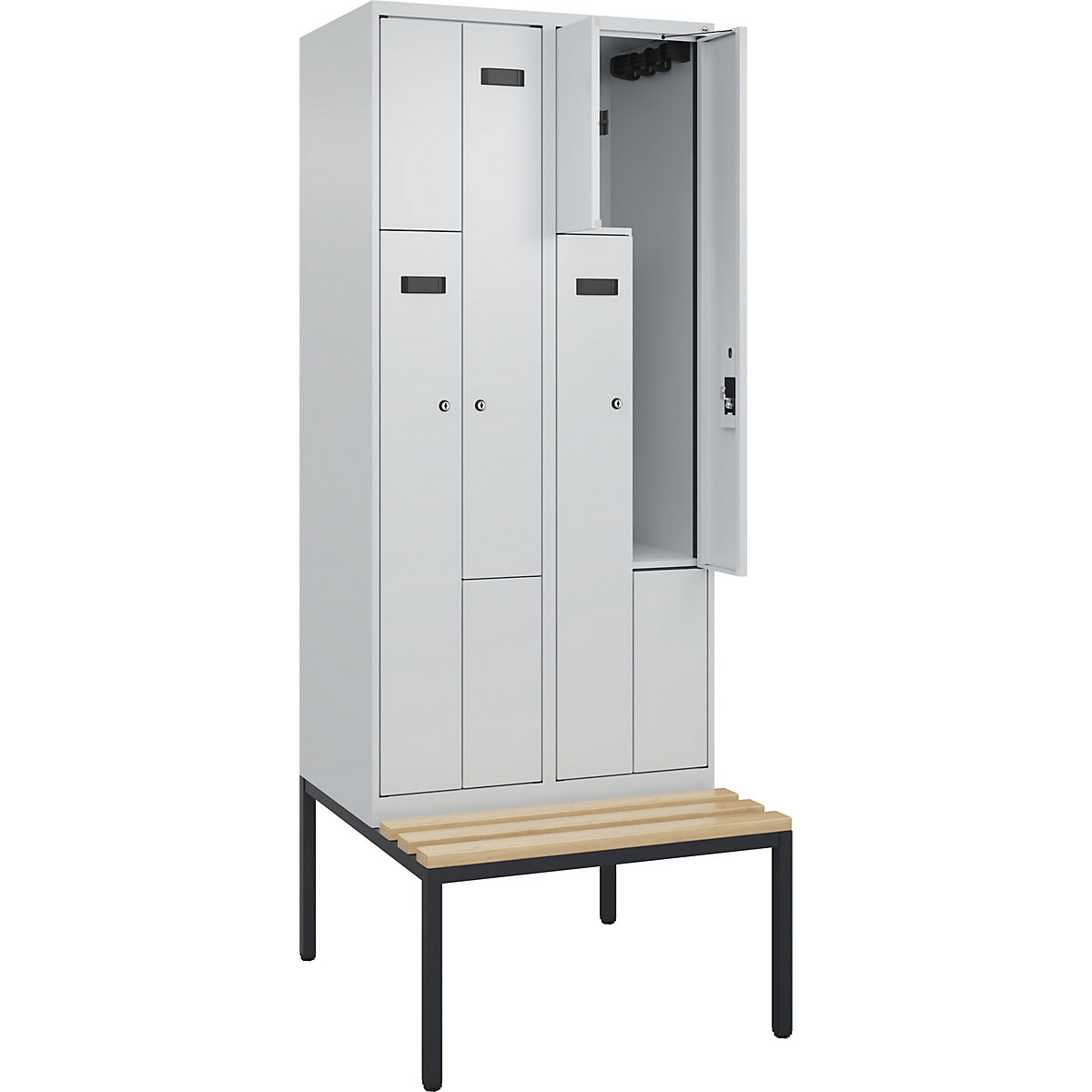 Cacifo em Z Evolo PLUS com banco, 2 compartimentos, cinzento claro/cinzento claro, L 800 mm, fechadura de cilindro, com banco incorporado, faia-0