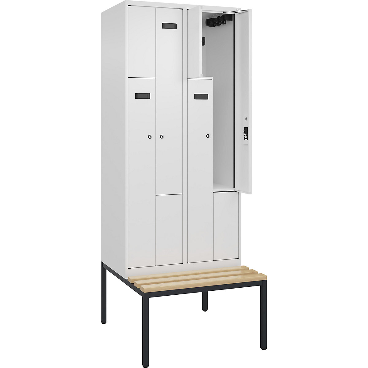 Cacifo em Z Evolo PLUS com banco, 2 compartimentos, branco, L 800 mm, fechadura de cilindro, com banco incorporado, faia-0