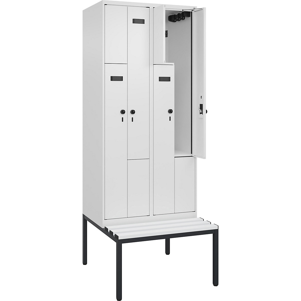Cacifo em Z Evolo PLUS com banco, 2 compartimentos, branco, L 800 mm, trinco de segurança rotativo, com banco incorporado, plástico-0