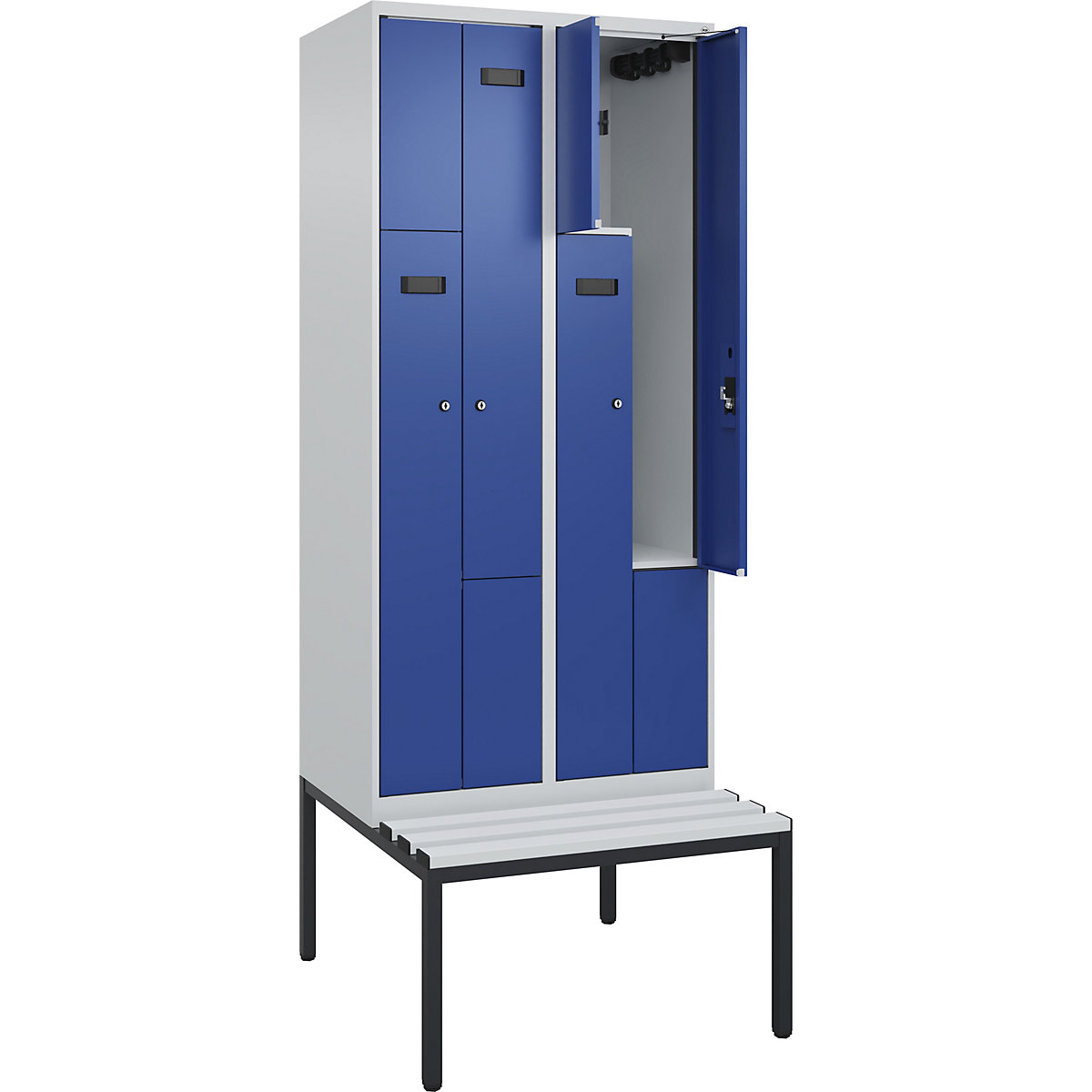 Cacifo em Z Evolo PLUS com banco, 2 compartimentos, cinzento claro/azul genciana, L 800 mm, fechadura de cilindro, com banco incorporado, plástico-0