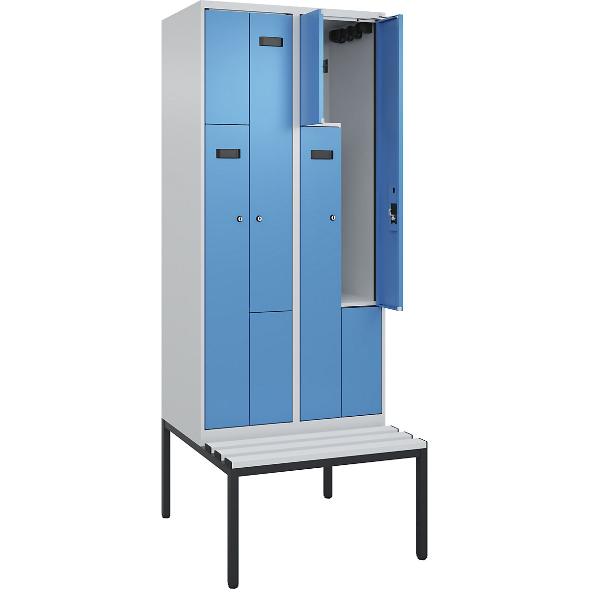 Cacifo em Z Evolo PLUS com banco, 2 compartimentos, cinzento claro/azul claro, L 800 mm, fechadura de cilindro, com banco incorporado, plástico-0