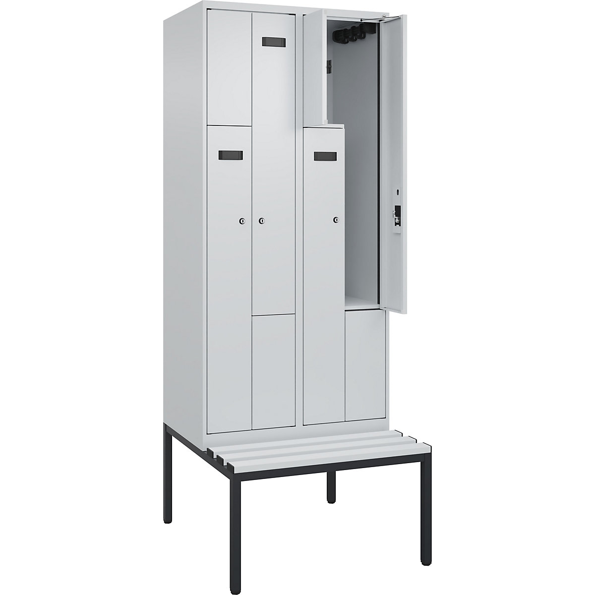 Cacifo em Z Evolo PLUS com banco, 2 compartimentos, cinzento claro/cinzento claro, L 800 mm, fechadura de cilindro, com banco incorporado, plástico-0