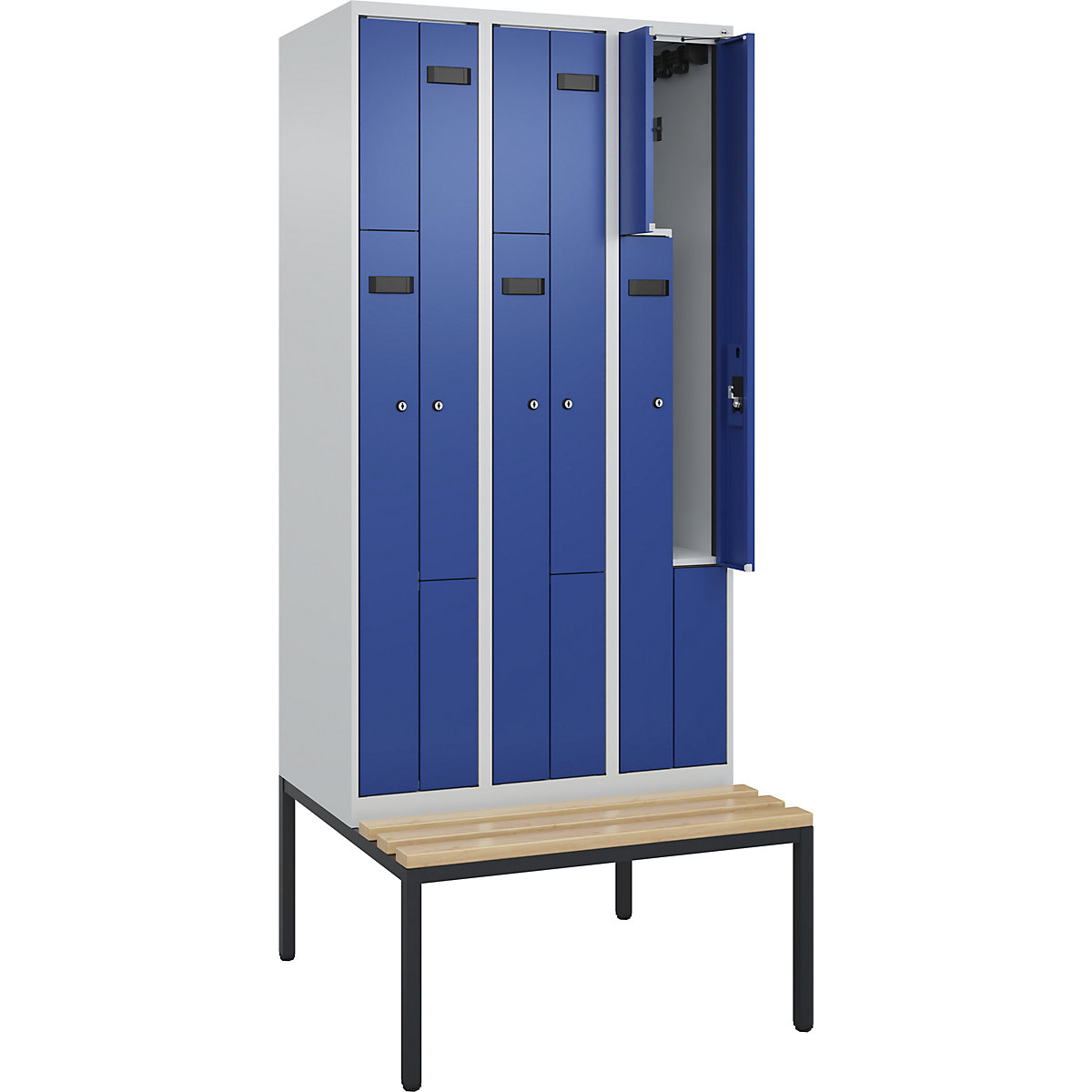 Cacifo em Z Evolo PLUS com banco, 3 compartimentos, cinzento claro/azul genciana, L 900 mm, fechadura de cilindro, com banco incorporado, faia-0