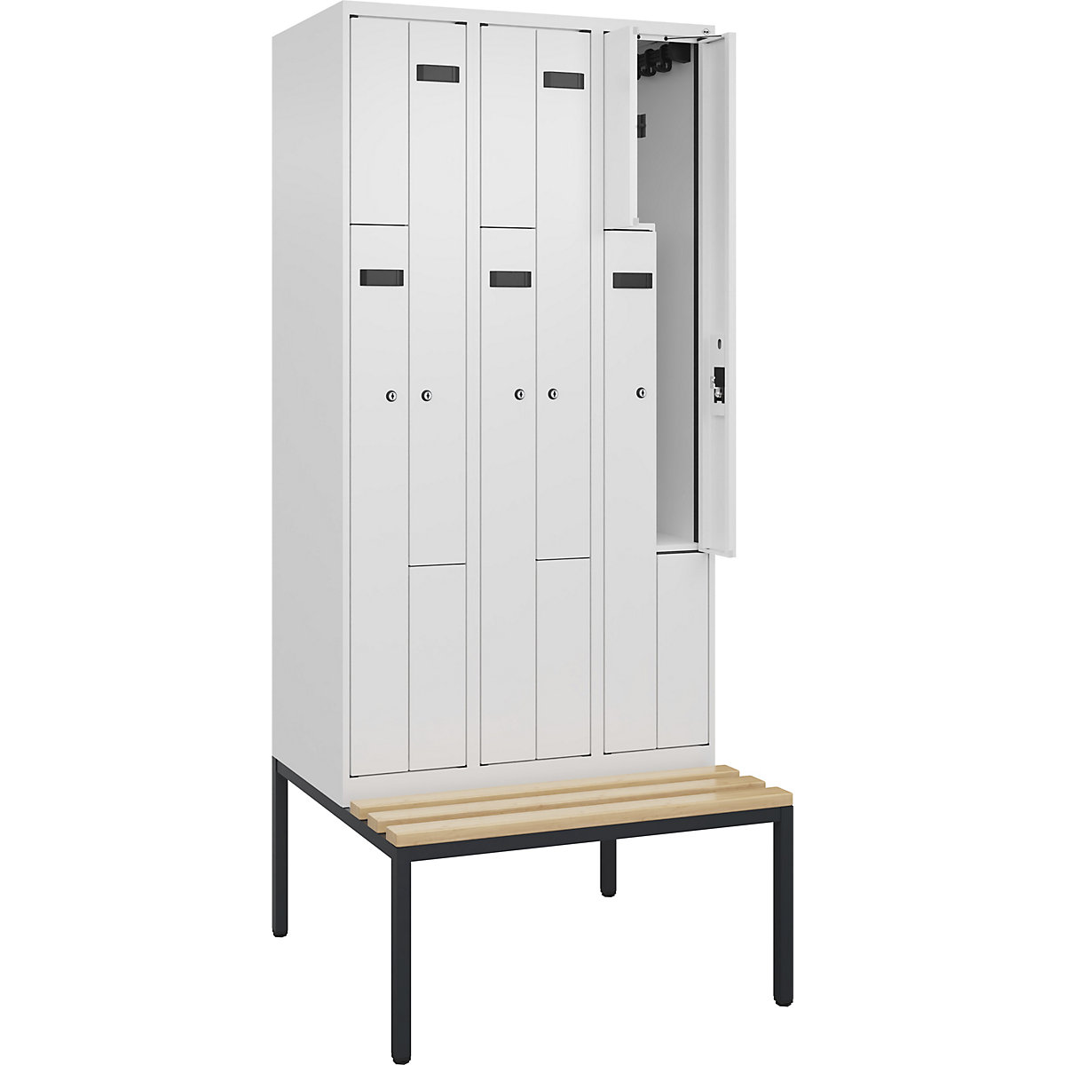 Cacifo em Z Evolo PLUS com banco, 3 compartimentos, branco, L 900 mm, fechadura de cilindro, com banco incorporado, faia-0