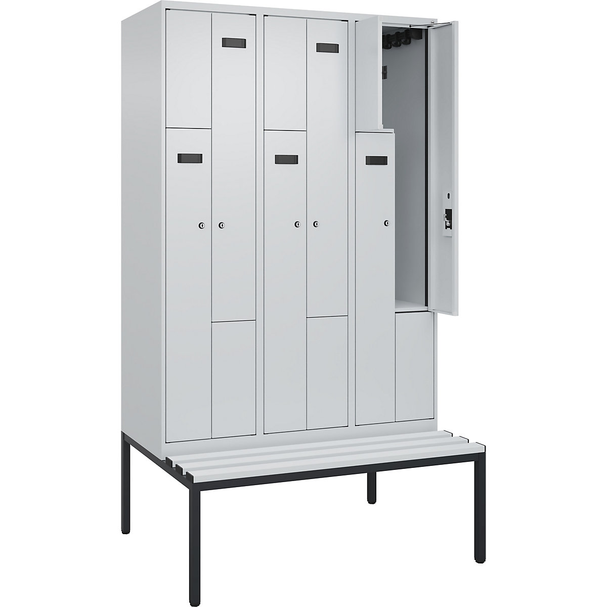 Cacifo em Z Evolo PLUS com banco, 3 compartimentos, cinzento claro/cinzento claro, L 1200 mm, fechadura de cilindro, com banco incorporado, plástico-0