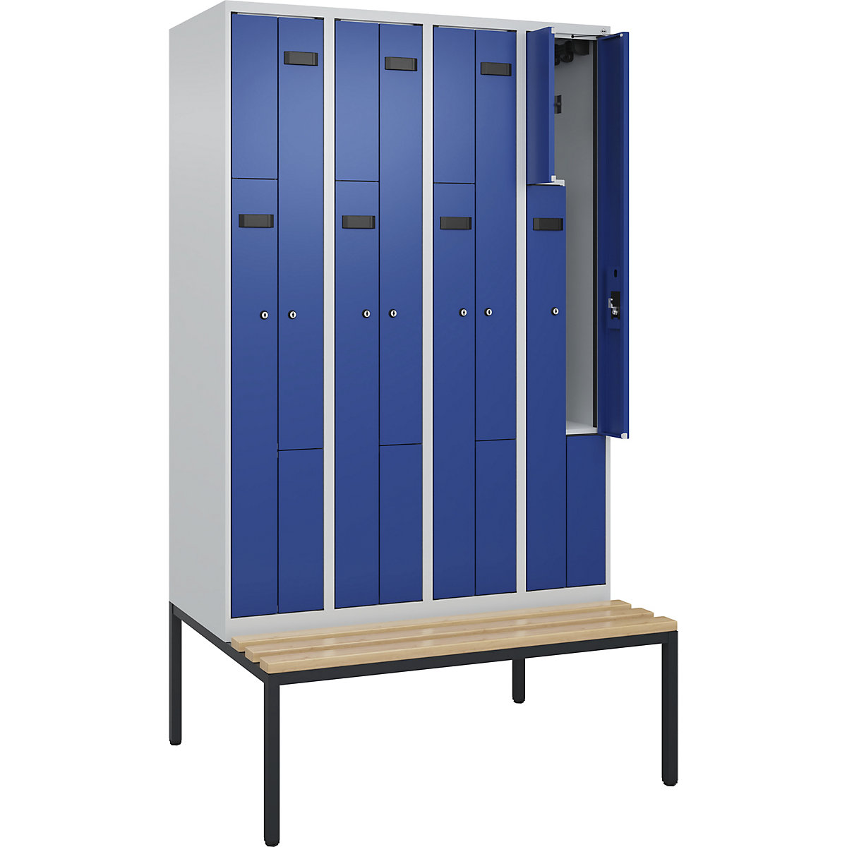 Cacifo em Z Evolo PLUS com banco, 4 compartimentos, cinzento claro/azul genciana, L 1200 mm, fechadura de cilindro, com banco incorporado, faia-0