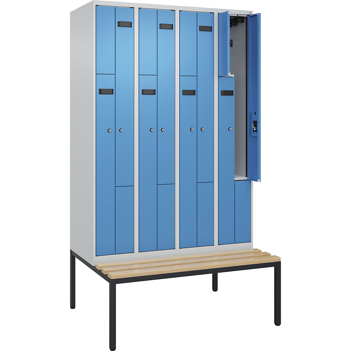 Cacifo em Z Evolo PLUS com banco, 4 compartimentos, cinzento claro/azul claro, L 1200 mm, fechadura de cilindro, com banco incorporado, faia-0