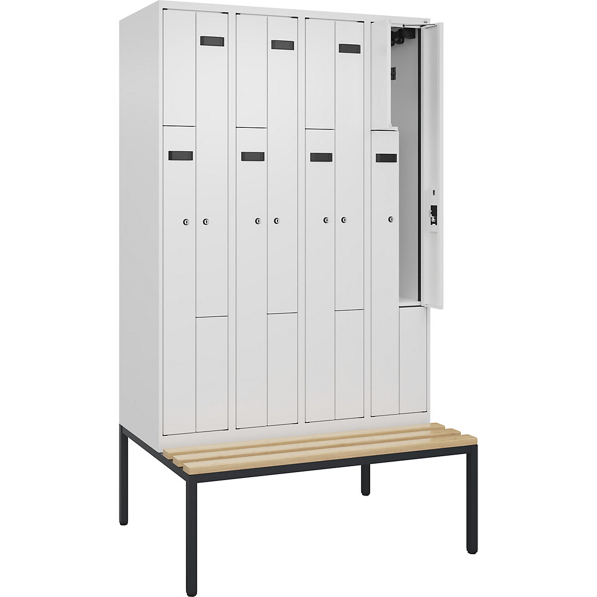 Cacifo em Z Evolo PLUS com banco, 4 compartimentos, branco, L 1200 mm, fechadura de cilindro, com banco incorporado, faia-0