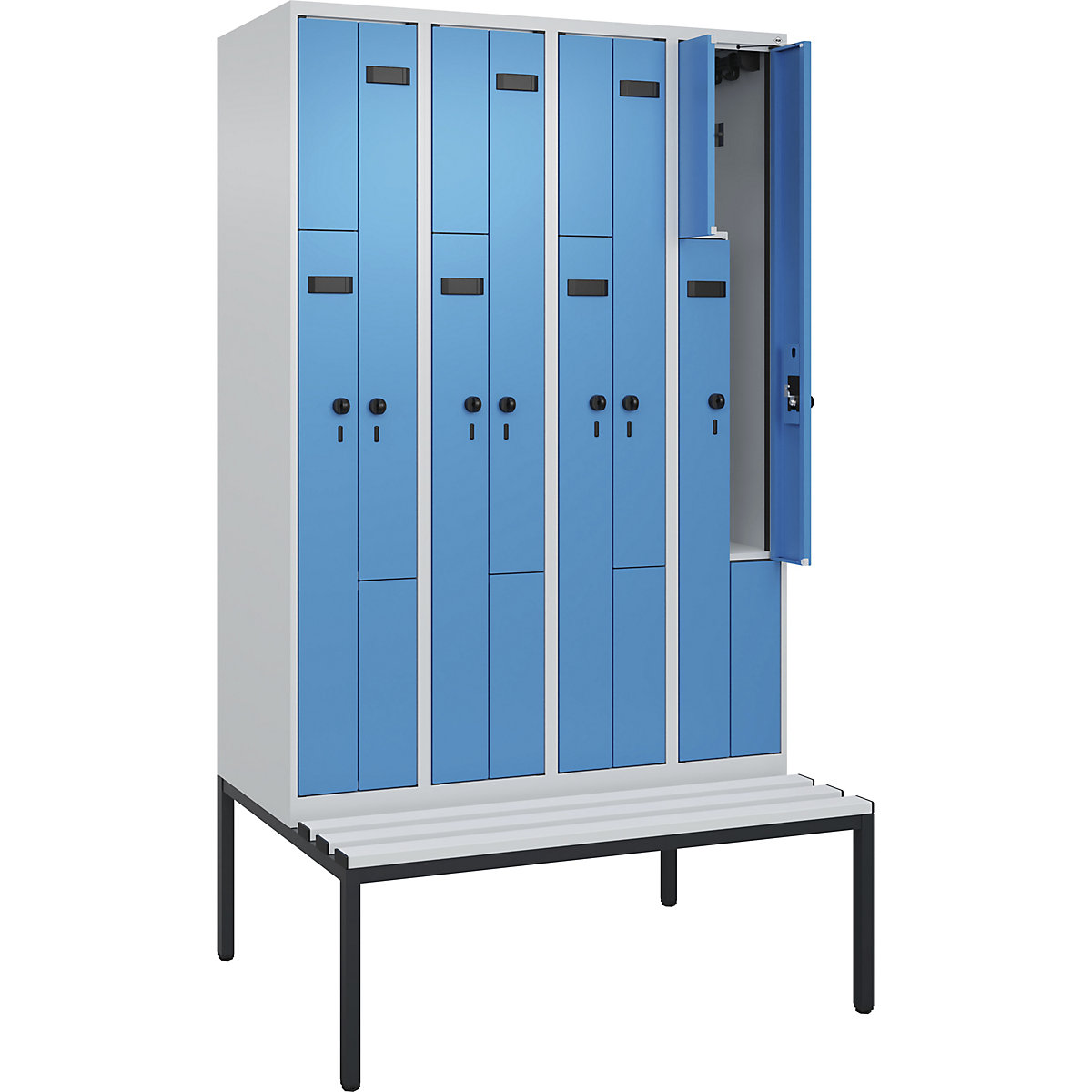 Cacifo em Z Evolo PLUS com banco, 4 compartimentos, cinzento claro/azul claro, L 1200 mm, trinco de segurança rotativo, com banco incorporado, plástico-0