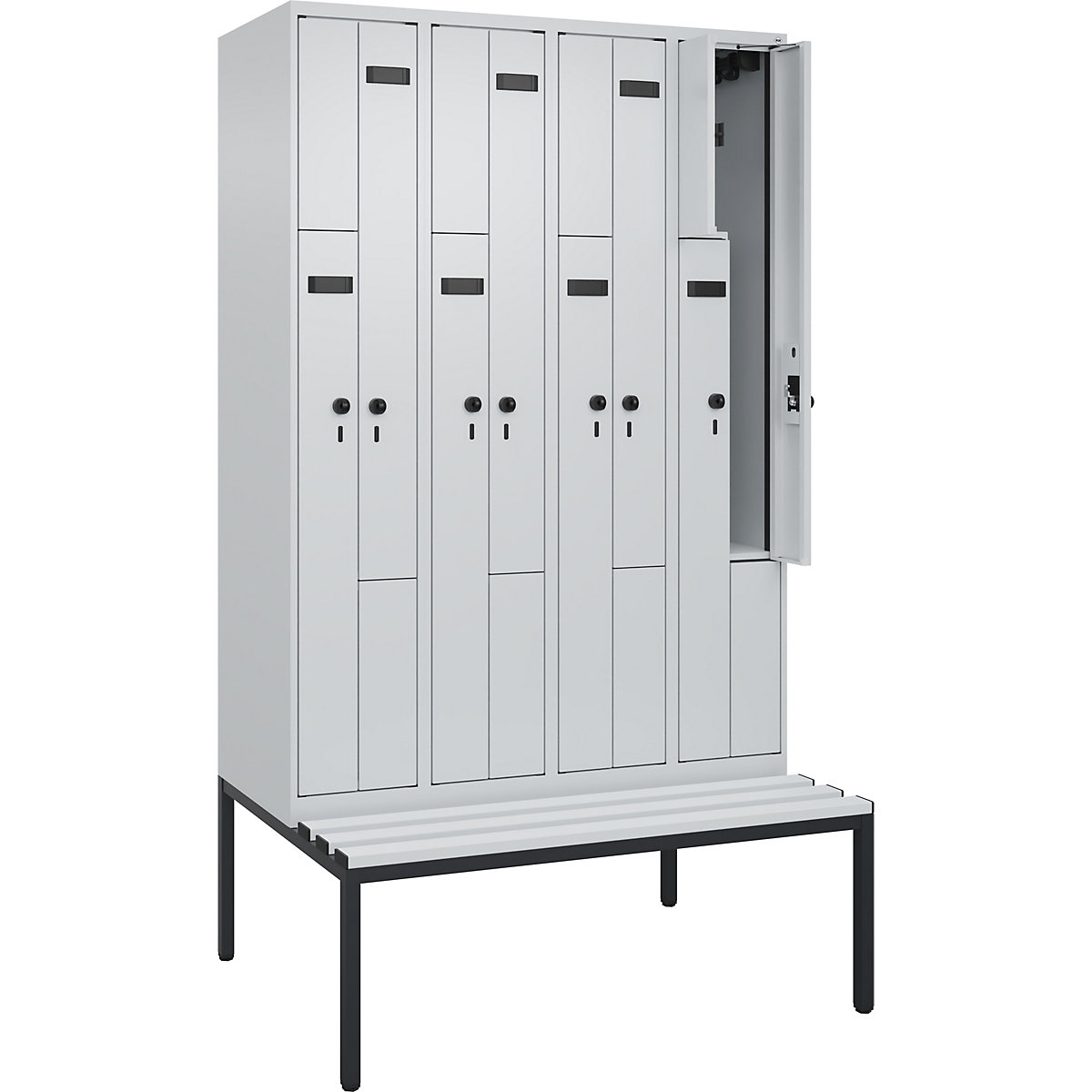 Cacifo em Z Evolo PLUS com banco, 4 compartimentos, cinzento claro/cinzento claro, L 1200 mm, trinco de segurança rotativo, com banco incorporado, plástico-0