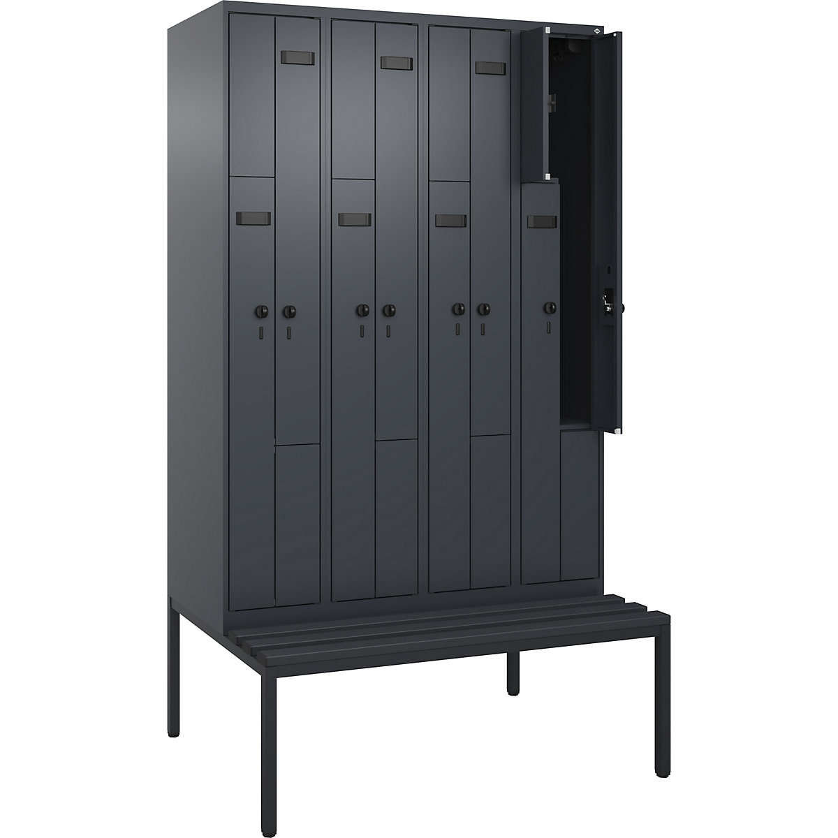 Cacifo em Z Evolo PLUS com banco, 4 compartimentos, cinzento, L 1200 mm, trinco de segurança rotativo, com banco incorporado, plástico-0