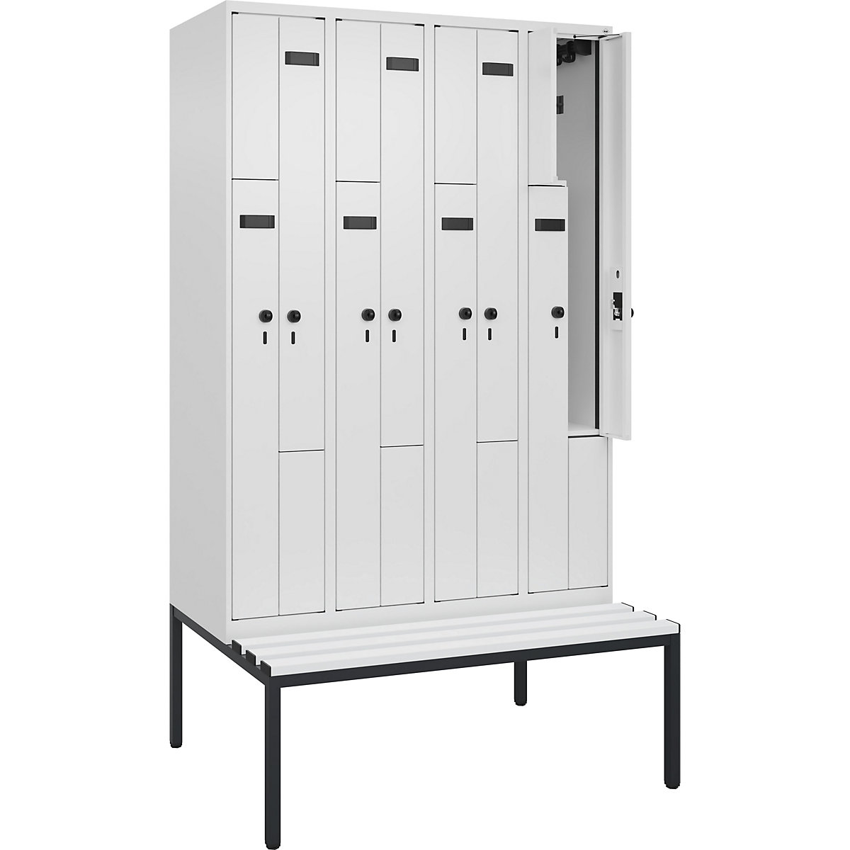 Cacifo em Z Evolo PLUS com banco, 4 compartimentos, branco, L 1200 mm, trinco de segurança rotativo, com banco incorporado, plástico-0