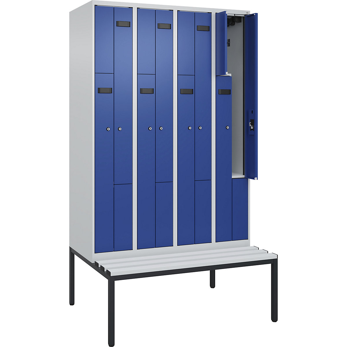Cacifo em Z Evolo PLUS com banco, 4 compartimentos, cinzento claro/azul genciana, L 1200 mm, fechadura de cilindro, com banco incorporado, plástico-0