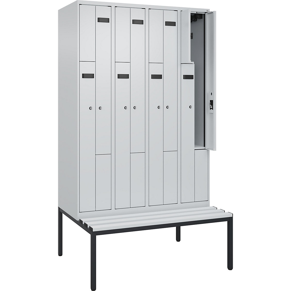 Cacifo em Z Evolo PLUS com banco, 4 compartimentos, cinzento claro/cinzento claro, L 1200 mm, fechadura de cilindro, com banco incorporado, plástico-0