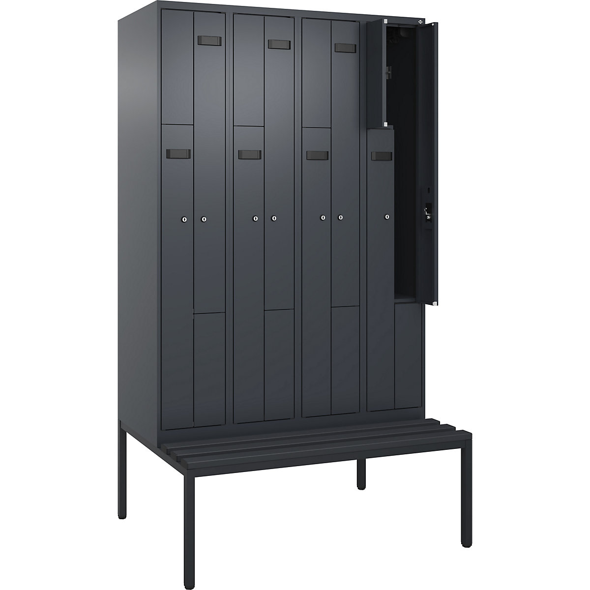 Cacifo em Z Evolo PLUS com banco, 4 compartimentos, cinzento, L 1200 mm, fechadura de cilindro, com banco incorporado, plástico-0