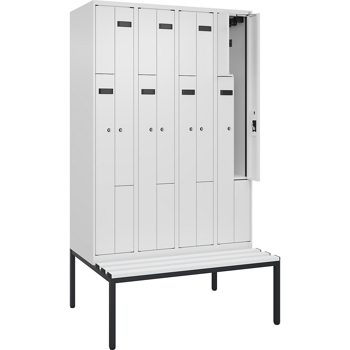 Cacifo em Z Evolo PLUS com banco, 4 compartimentos, branco, L 1200 mm, fechadura de cilindro, com banco incorporado, plástico-0