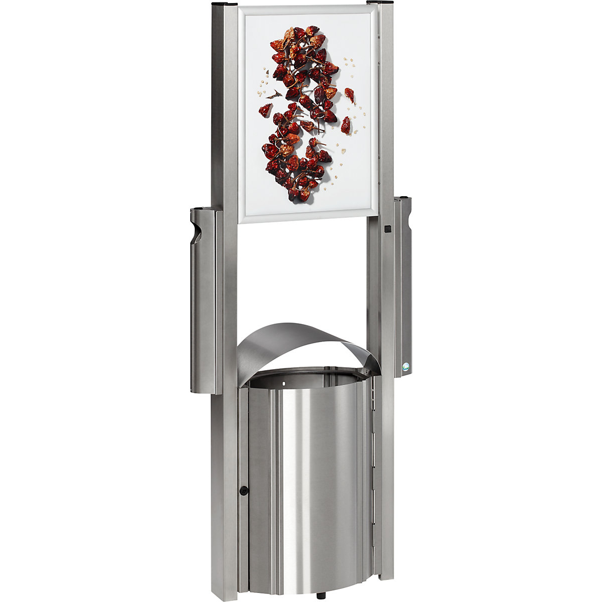 Colector de residuos con cenicero y superficie publicitaria – VAR, capacidad 50 l, H x A x P 1800 x 710 x 350 mm, acero inoxidable-0