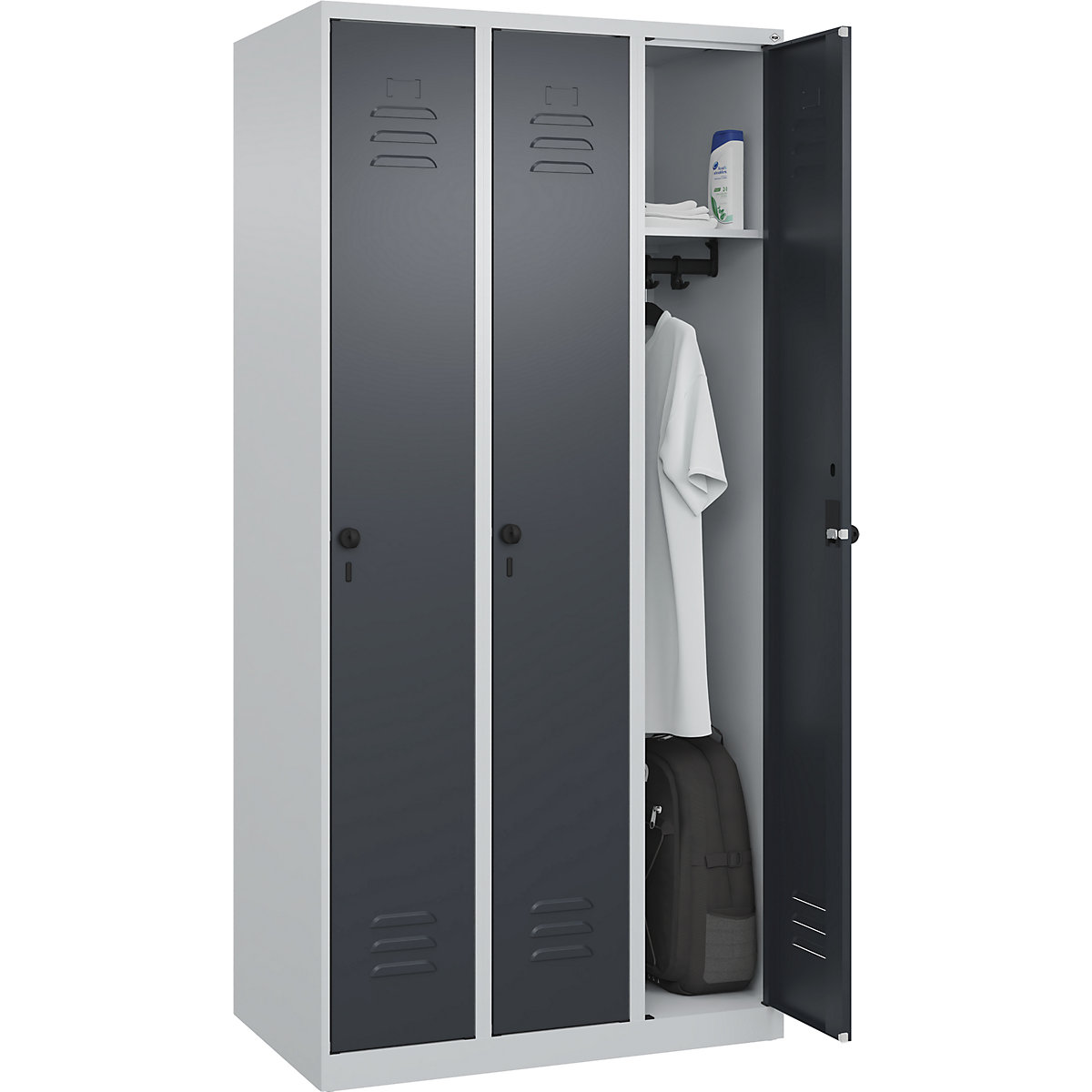 Vestiaire Classic PLUS – C+P, 3 compartiments, gris clair / gris, l 900 mm, avec patins, loqueteau-12