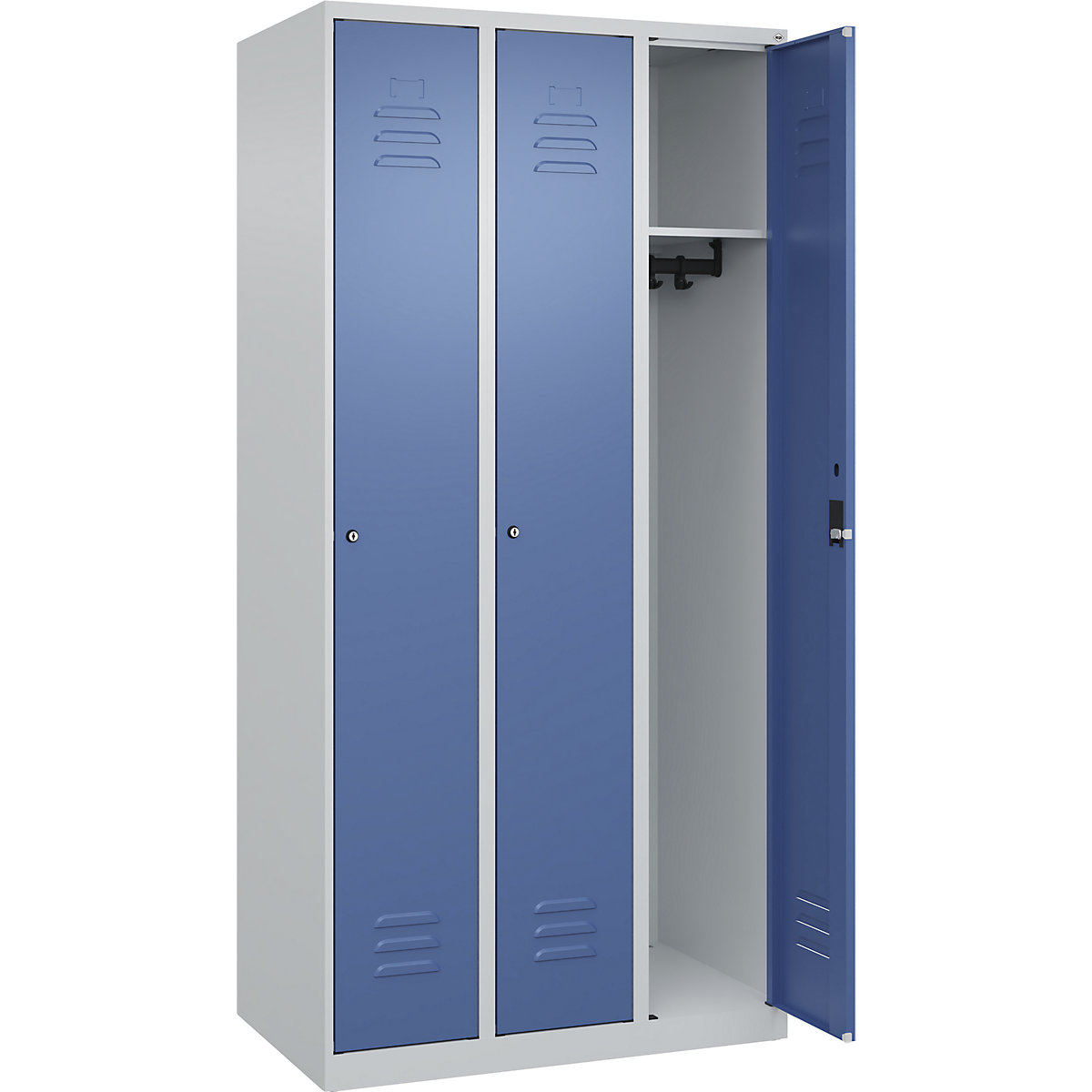 Vestiaire Classic PLUS – C+P, 3 compartiments, gris clair / bleu distant, l 900 mm, avec patins, serrure à cylindre-153