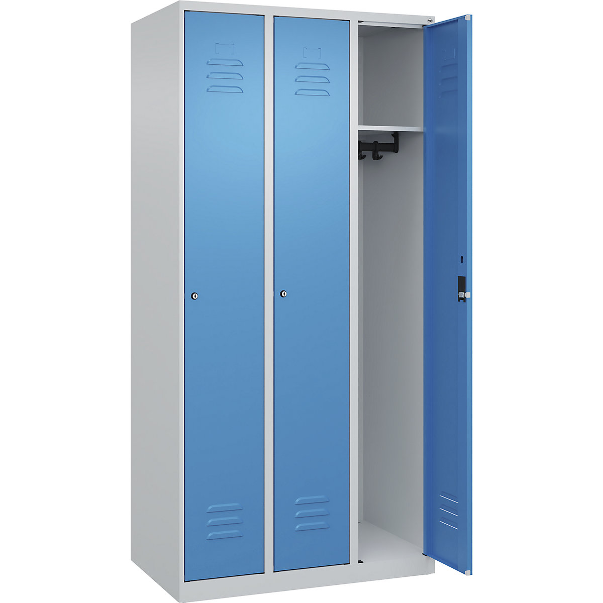 Vestiaire Classic PLUS – C+P, 3 compartiments, gris clair / bleu clair, l 900 mm, avec patins, serrure à cylindre-87
