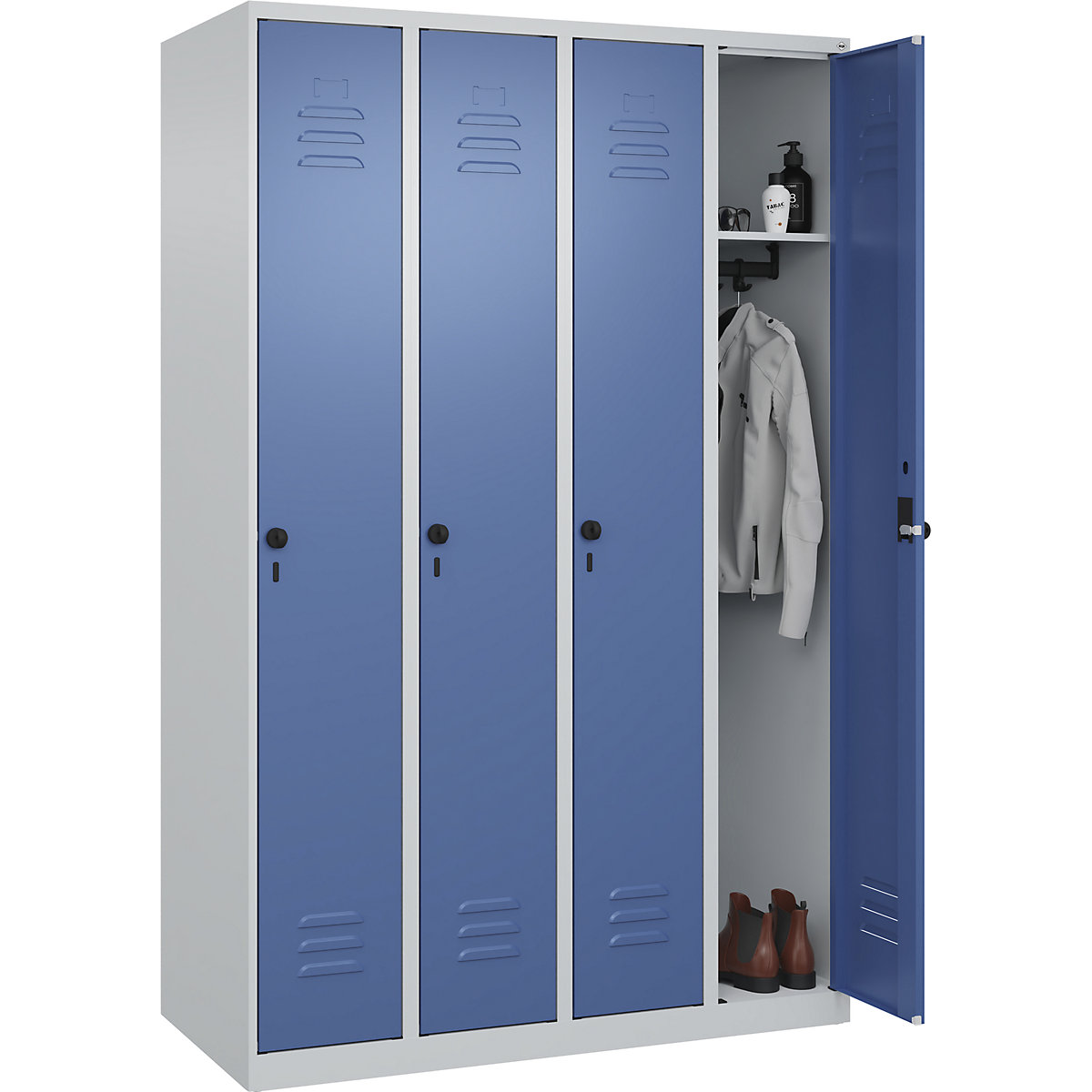 Vestiaire Classic PLUS – C+P, 4 compartiments, gris clair / bleu distant, l 1200 mm, avec patins, loqueteau-160