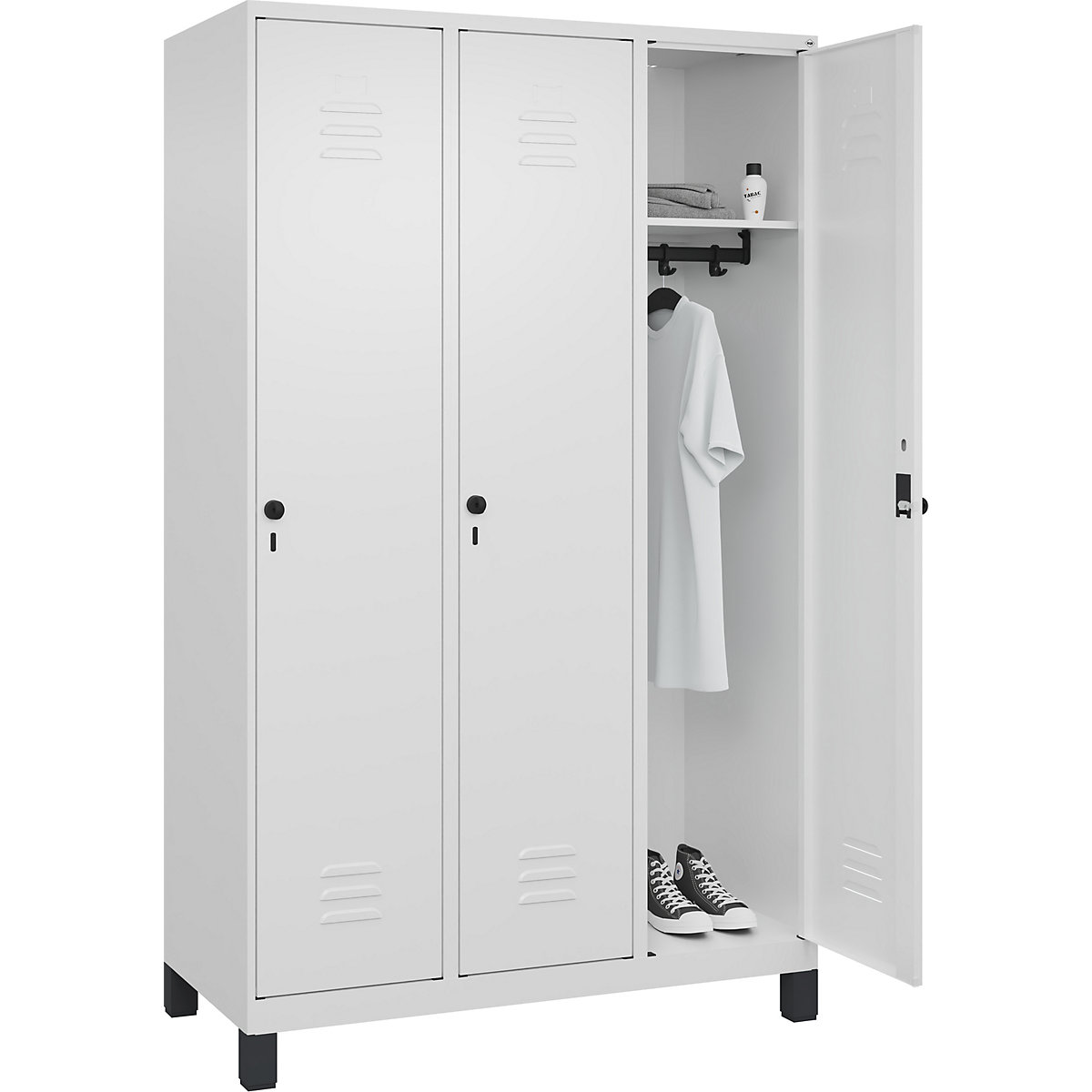 Vestiaire Classic PLUS – C+P, 3 compartiments, blanc trafic, l 1200 mm, avec pieds, loqueteau-70