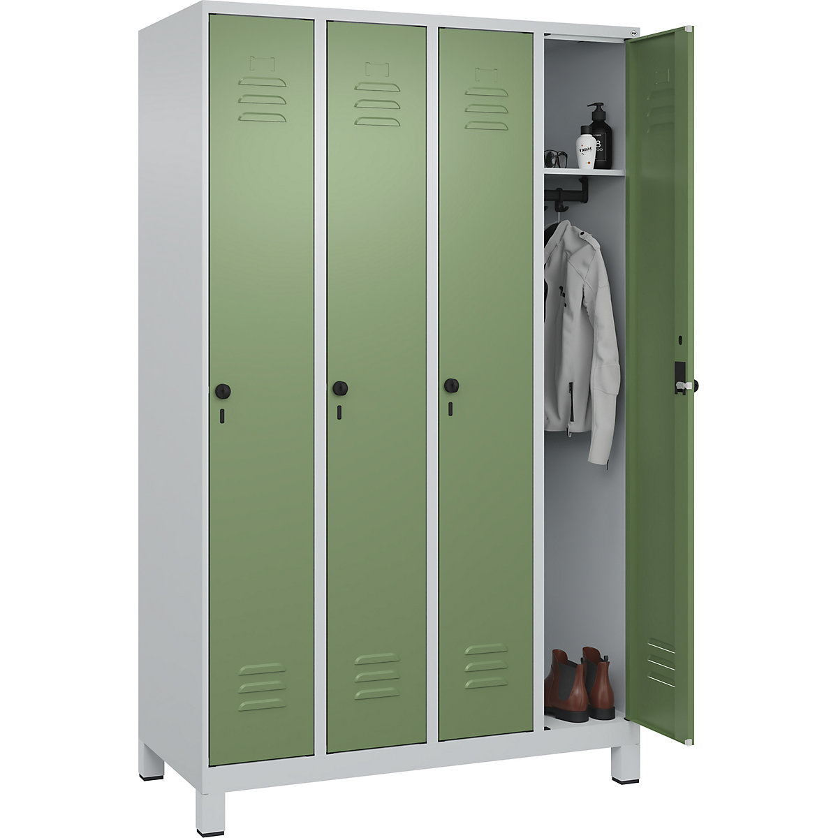 Vestiaire Classic PLUS – C+P, 4 compartiments, gris clair / vert réséda, l 1200 mm, avec pieds, loqueteau-129