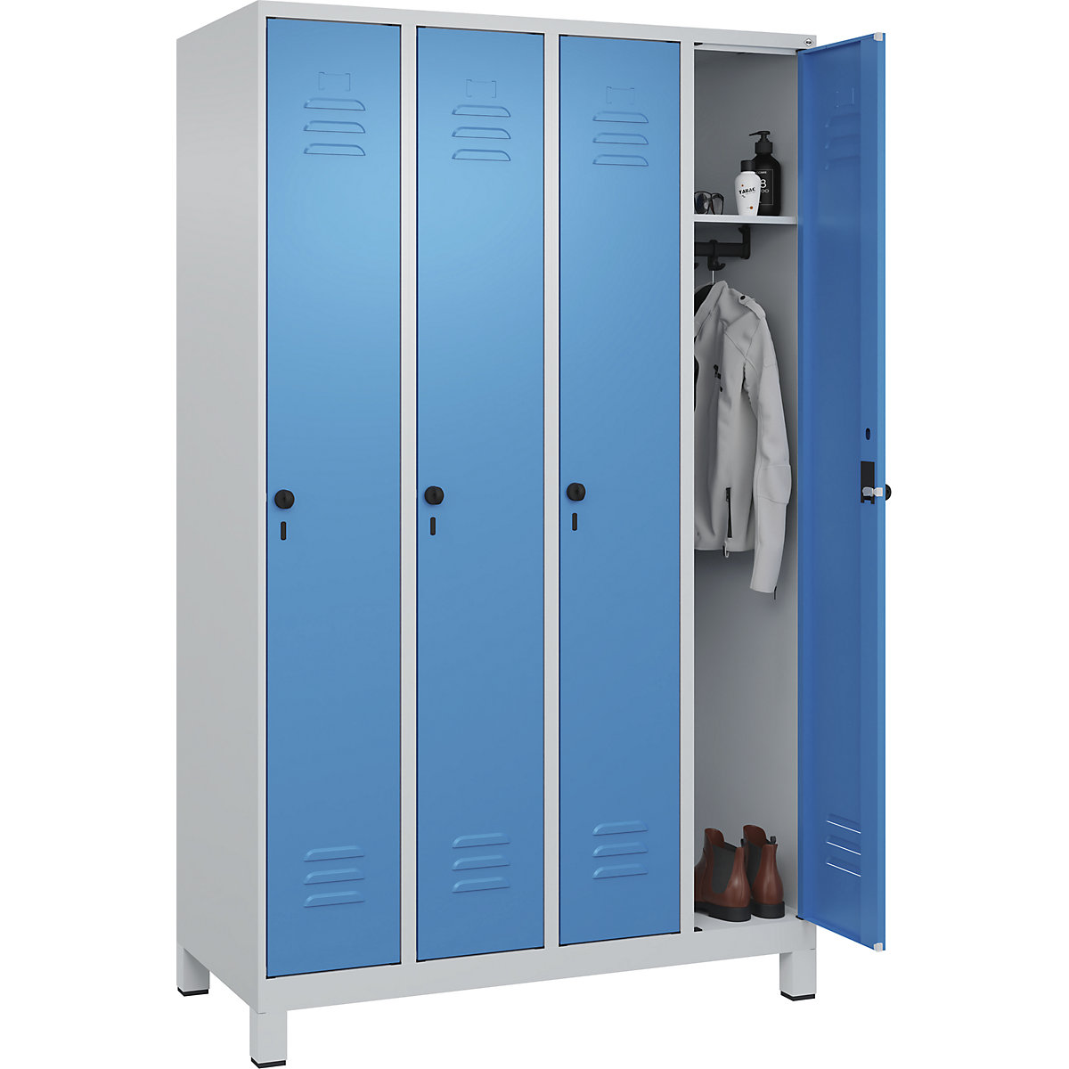Vestiaire Classic PLUS – C+P, 4 compartiments, gris clair / bleu clair, l 1200 mm, avec pieds, loqueteau-44