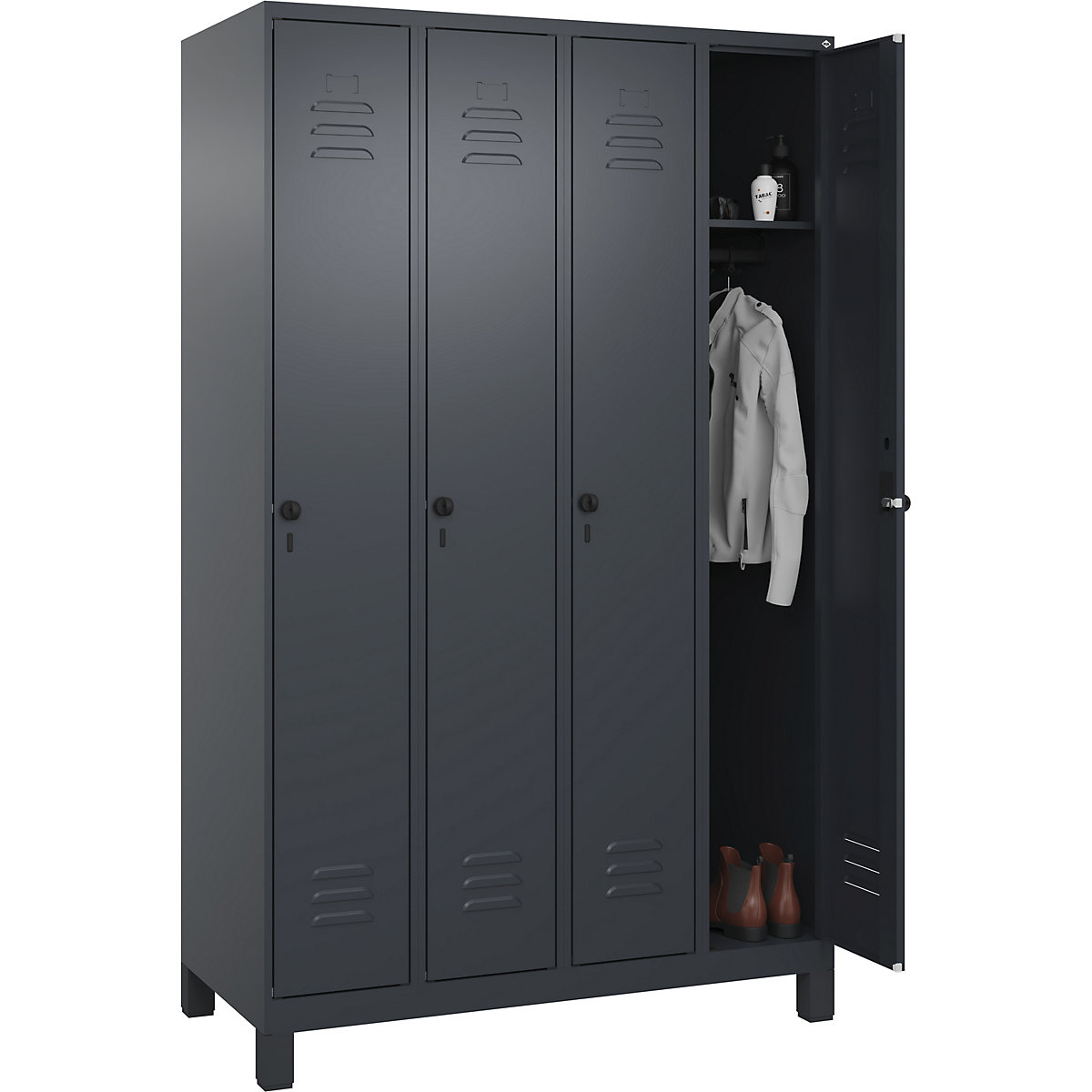 Vestiaire Classic PLUS – C+P, 4 compartiments, gris, l 1200 mm, avec pieds, loqueteau-199