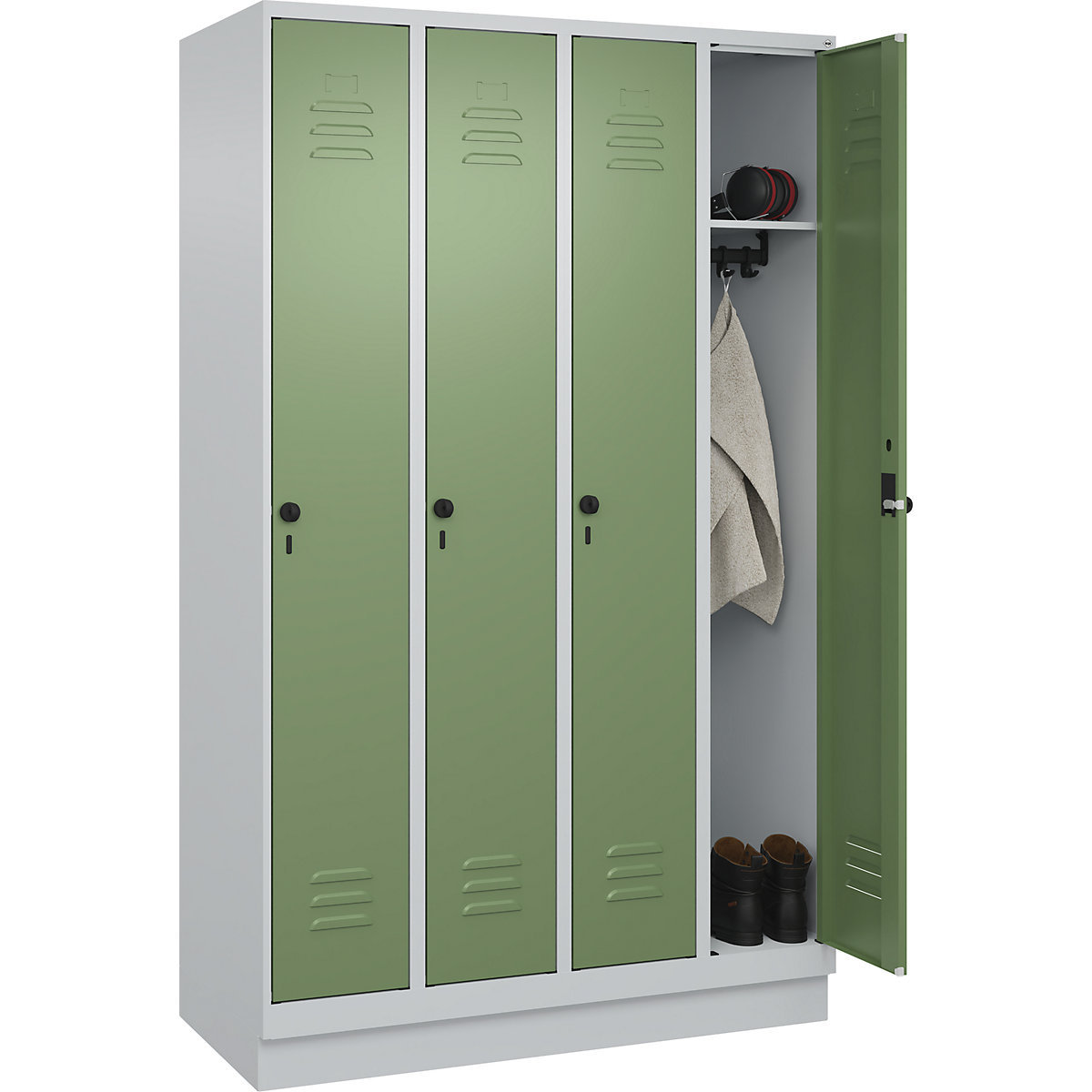 Vestiaire Classic PLUS – C+P, 4 compartiments, gris clair / vert réséda, l 1200 mm, avec socle, loqueteau-23
