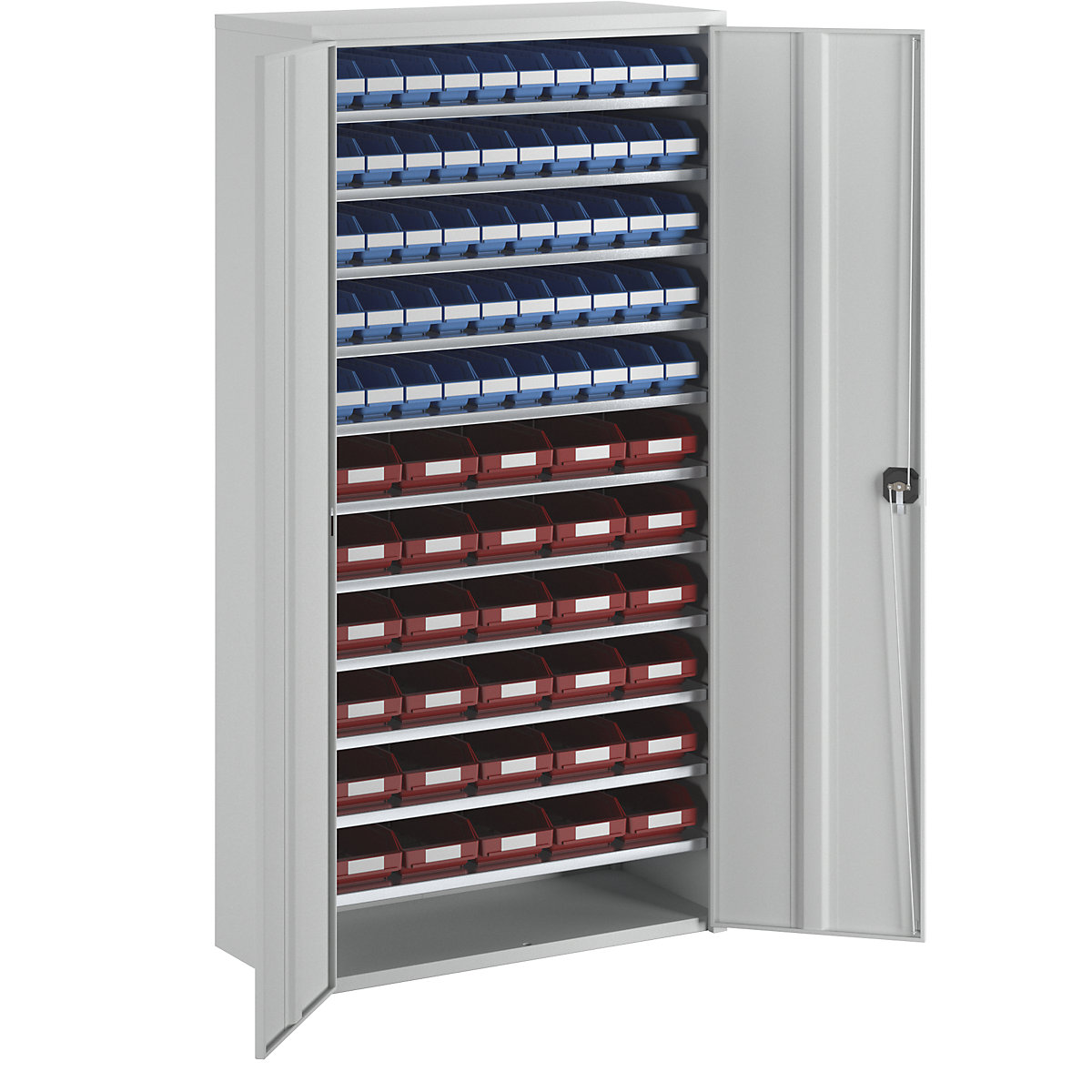 Armoire à bacs – STEMO, h x l x p 1970 x 1000 x 450 mm, avec bacs de stockage, 50 bacs bleus, 30 bacs rouges-4