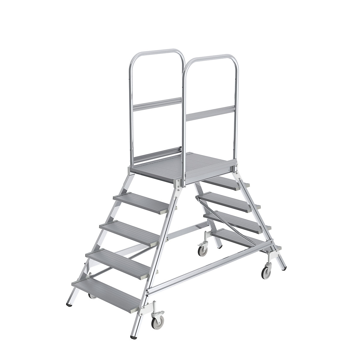 Escada com patamar com subida por dois lados – MUNK, plataforma e degraus em metal leve, 2x5 degraus com plataforma-0