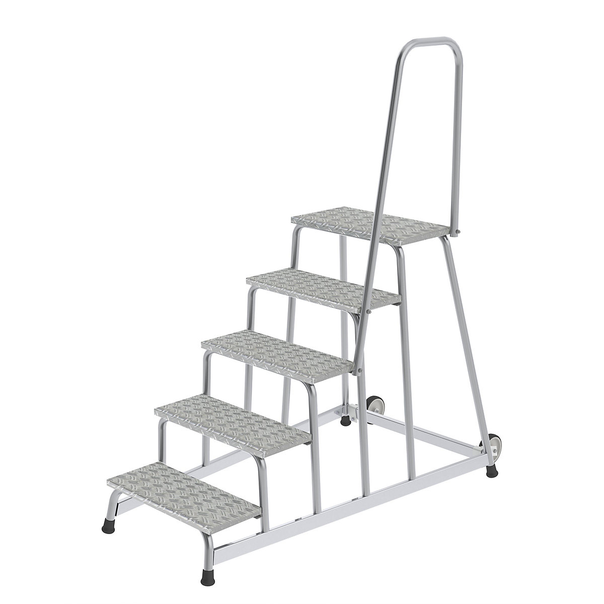 Escadote para montagens, móvel – MUNK, 2 rodas fixas, corrimão de um lado, 5 degraus, LxP 840 x 1390 mm-0