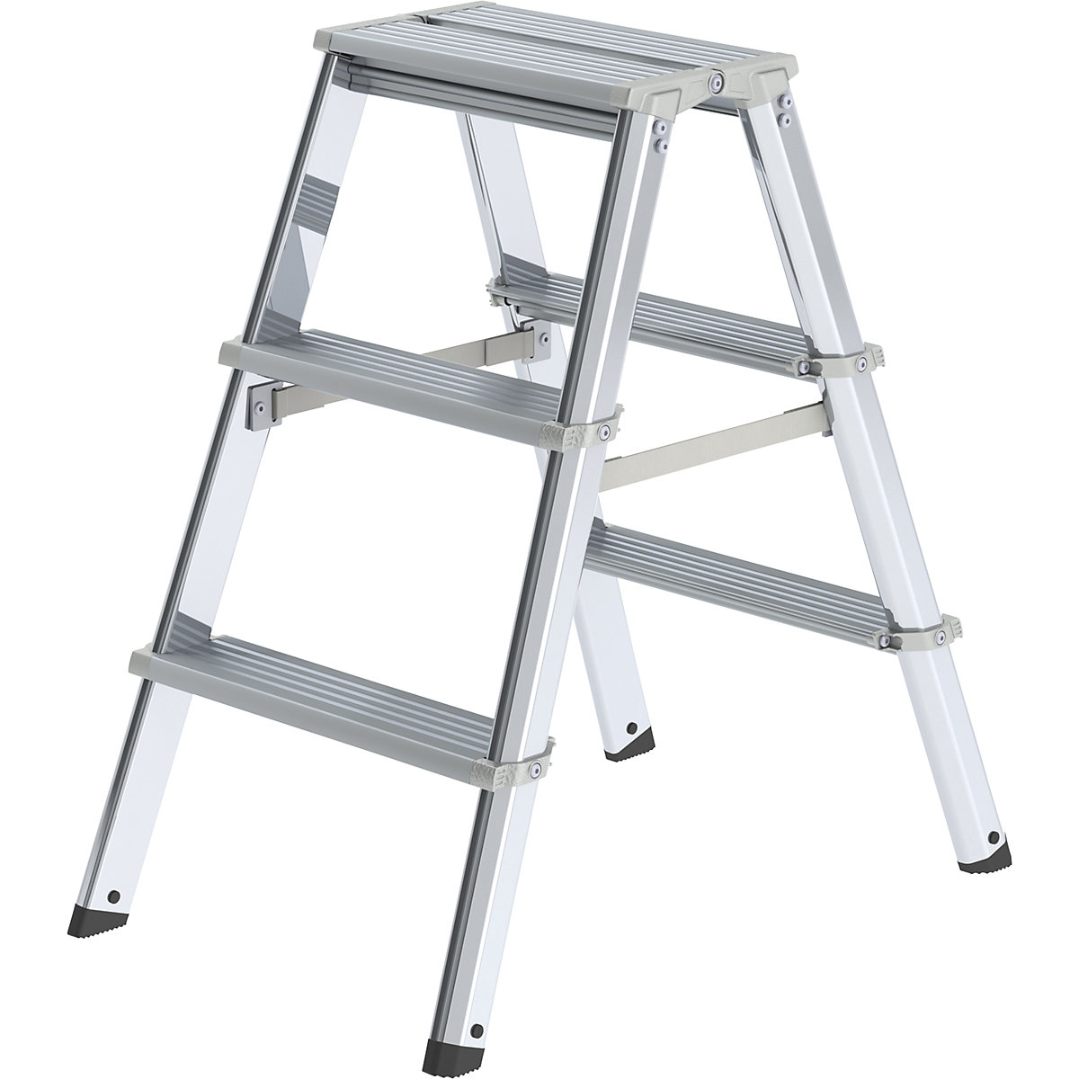 Escalera tipo tijera de peldaños planos de aluminio, de ascenso por ambos lados – MUNK