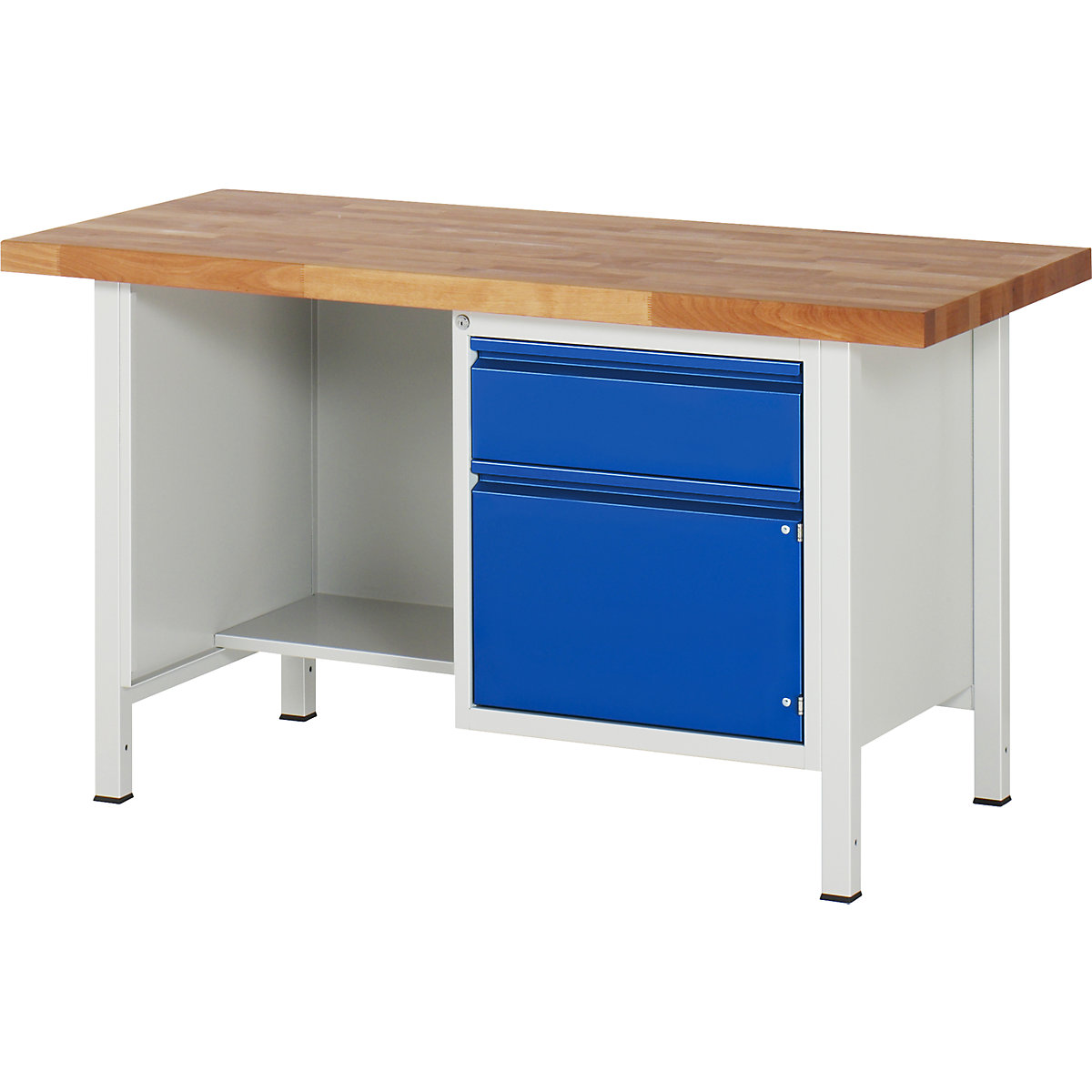 Établi sur piétement – RAU, 1 tiroir, 1 porte, 1 compartiment ouvert avec tablette en retrait, largeur plateau 1500 mm, bleu gentiane-0
