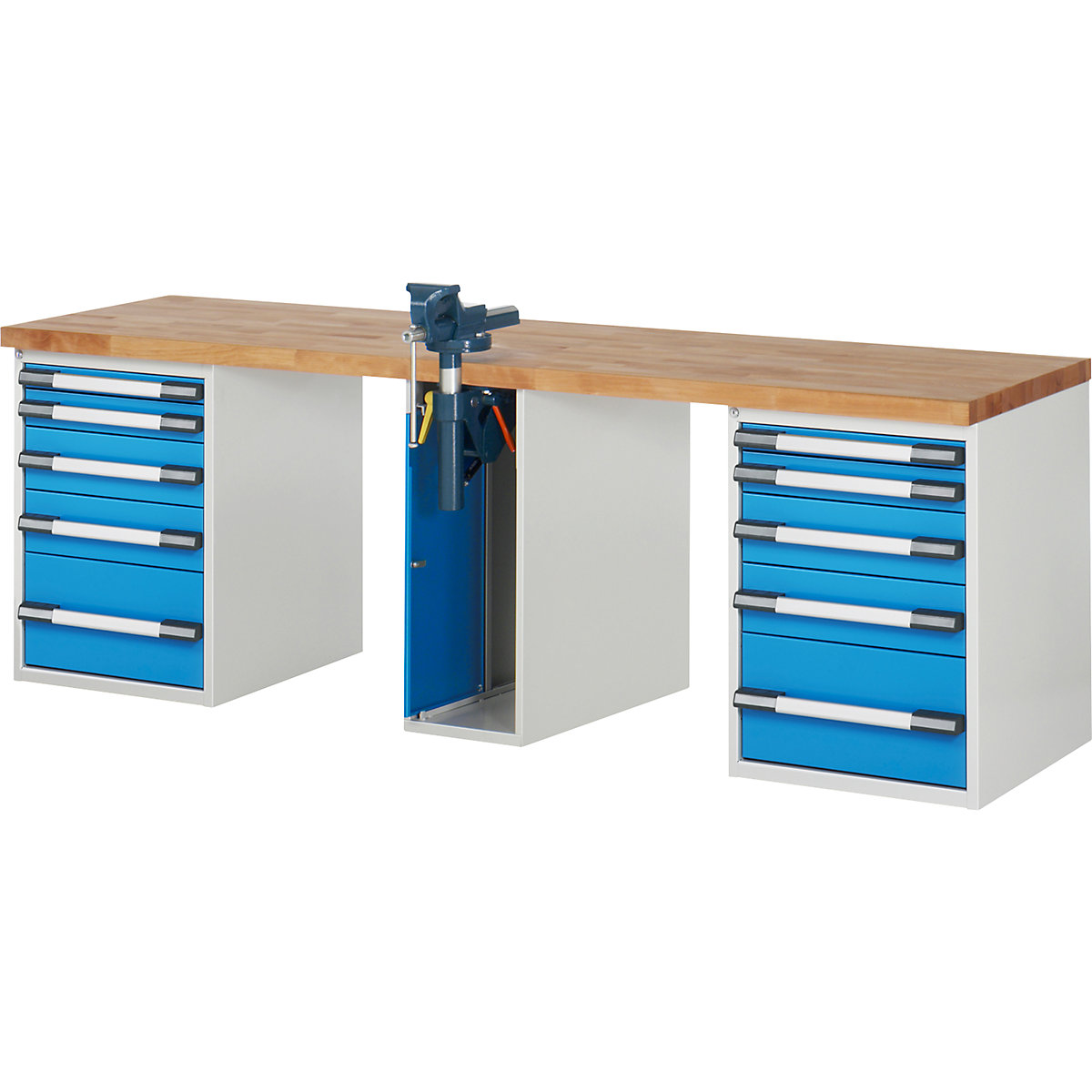 Établi, système modulaire Série 7000 – eurokraft pro, 10 tiroirs, 1 étau au centre, l x p 2500 x 700 mm-0