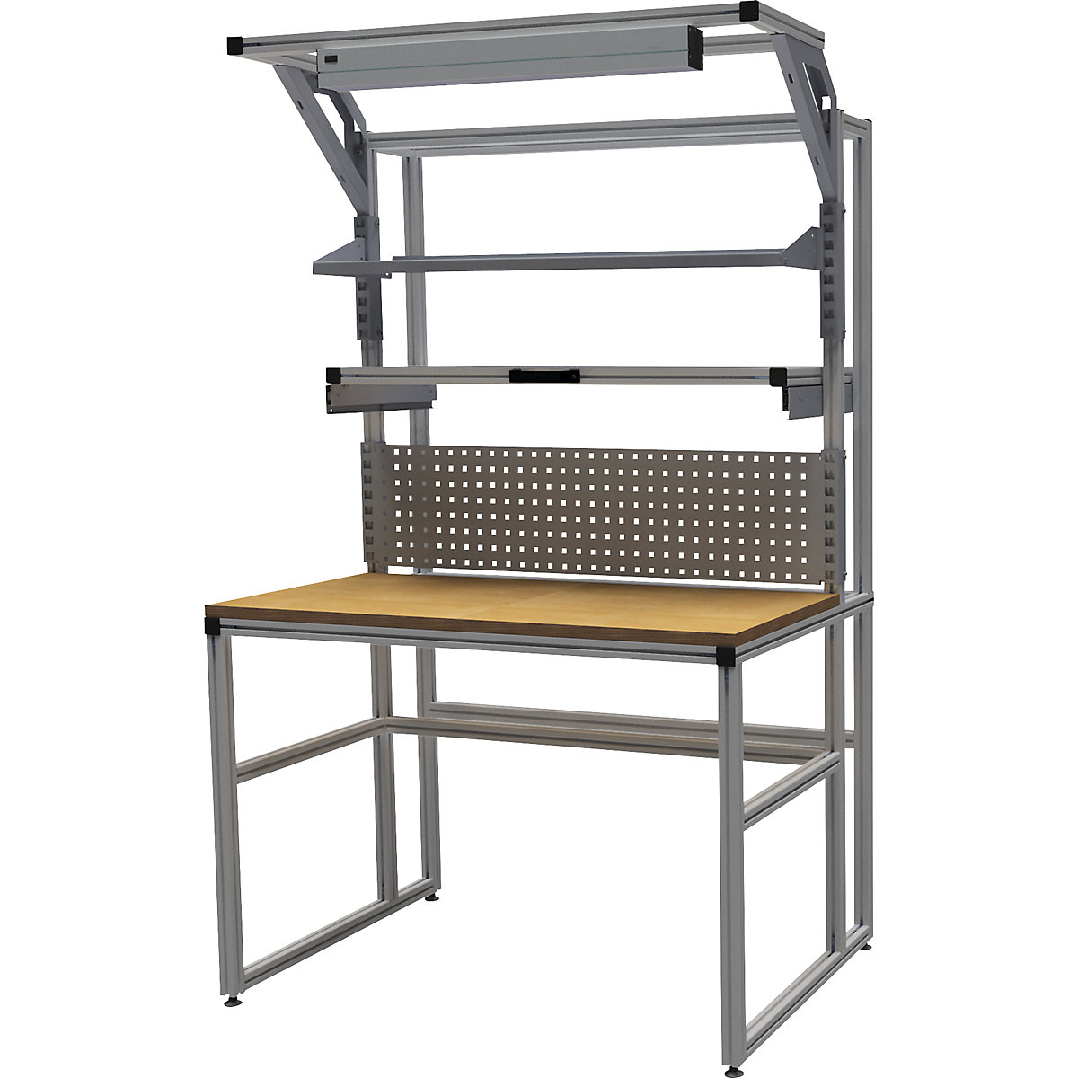 Établi en aluminium workalu® avec superstructure modulaire, simple face – bedrunka hirth, plaque perforée et lampe de travail, largeur plateau 1250 mm-0